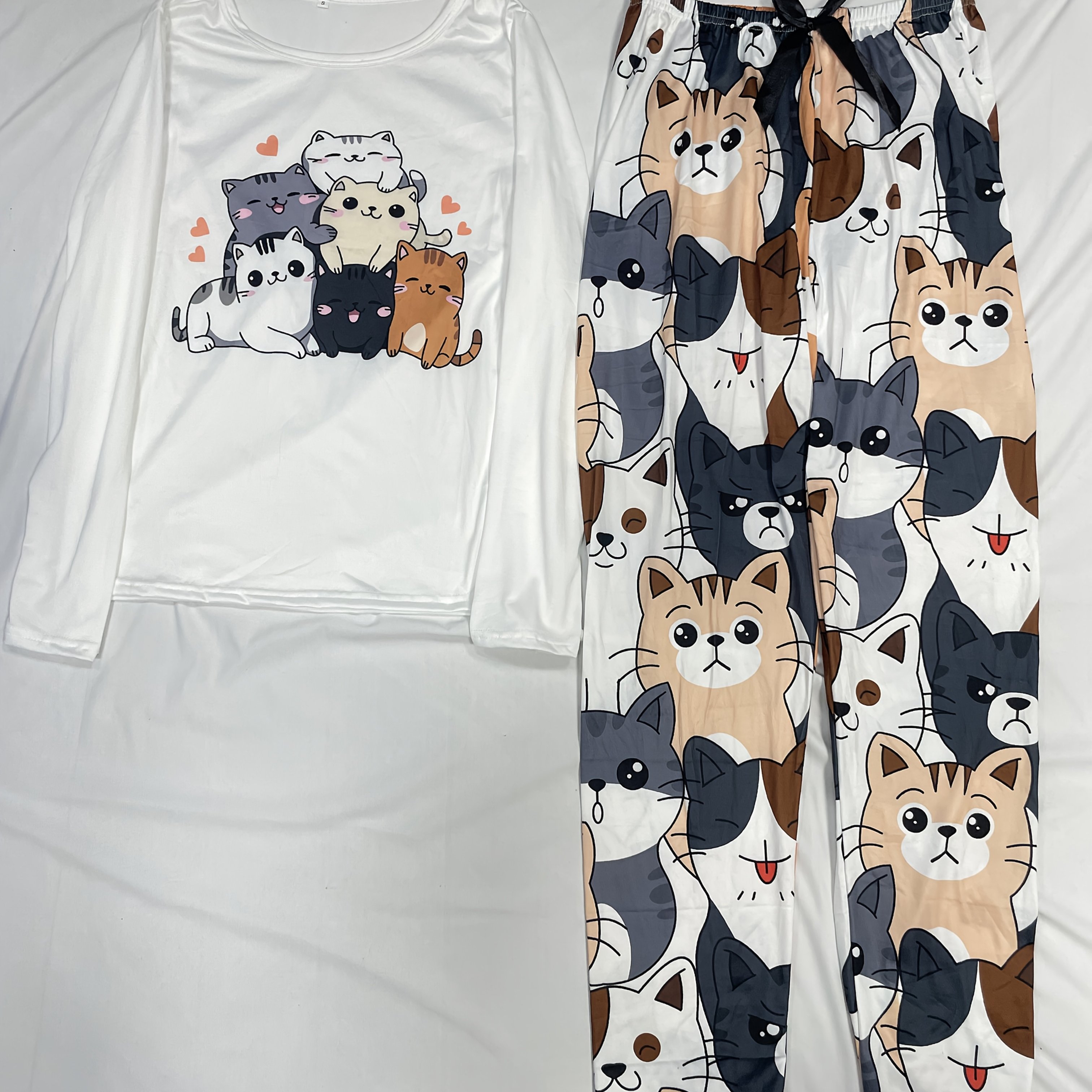 Image of Ladies' Cute Cat Printed Pajama Set, Round Neck Long Sleeve Top With Bow Details Waist Elastic Pants, Cartoon Pattern, Cute Pajamas And Home Clothes
