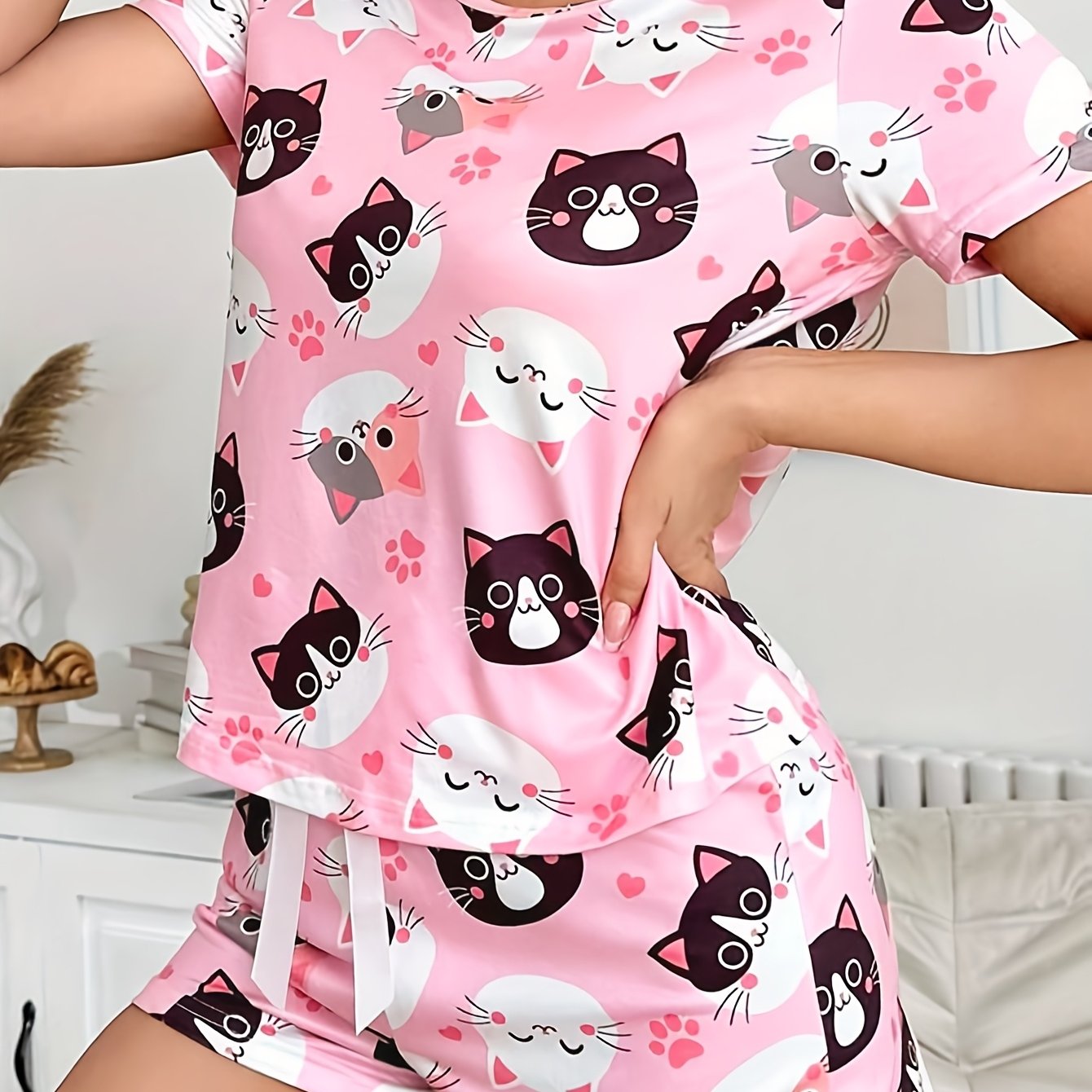 E-shop Schlichtes Niedliches Kätzchen-Druck Damen-Pyjama-Set 2tlg