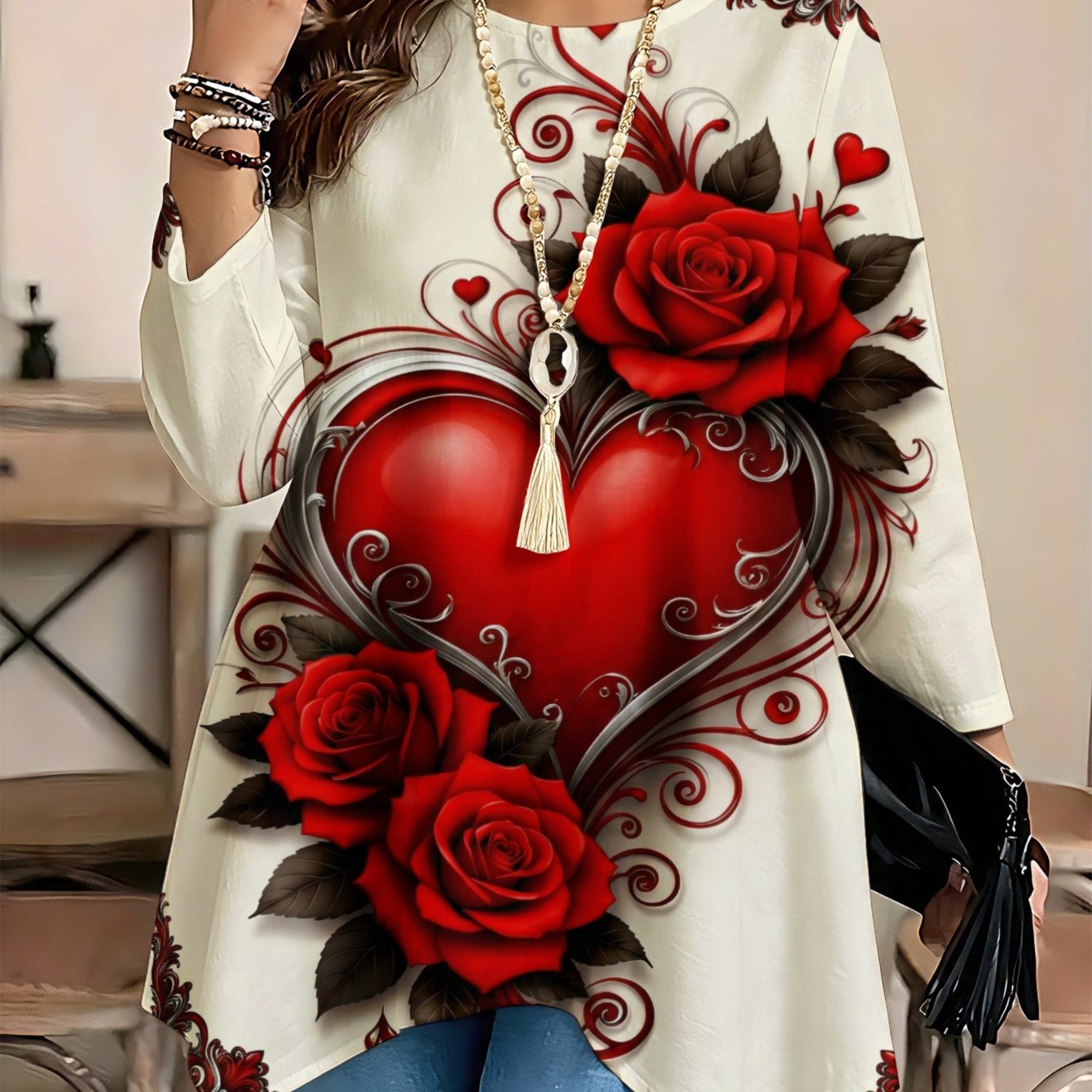 Image of Plus Size - Fashionable , Women's Long-sleeve Blouse With Round Neck And Asymmetric Hem, Red Micro-elastic Elegant Perfect For Spring And Summer Wear, For Women In Large Sizes