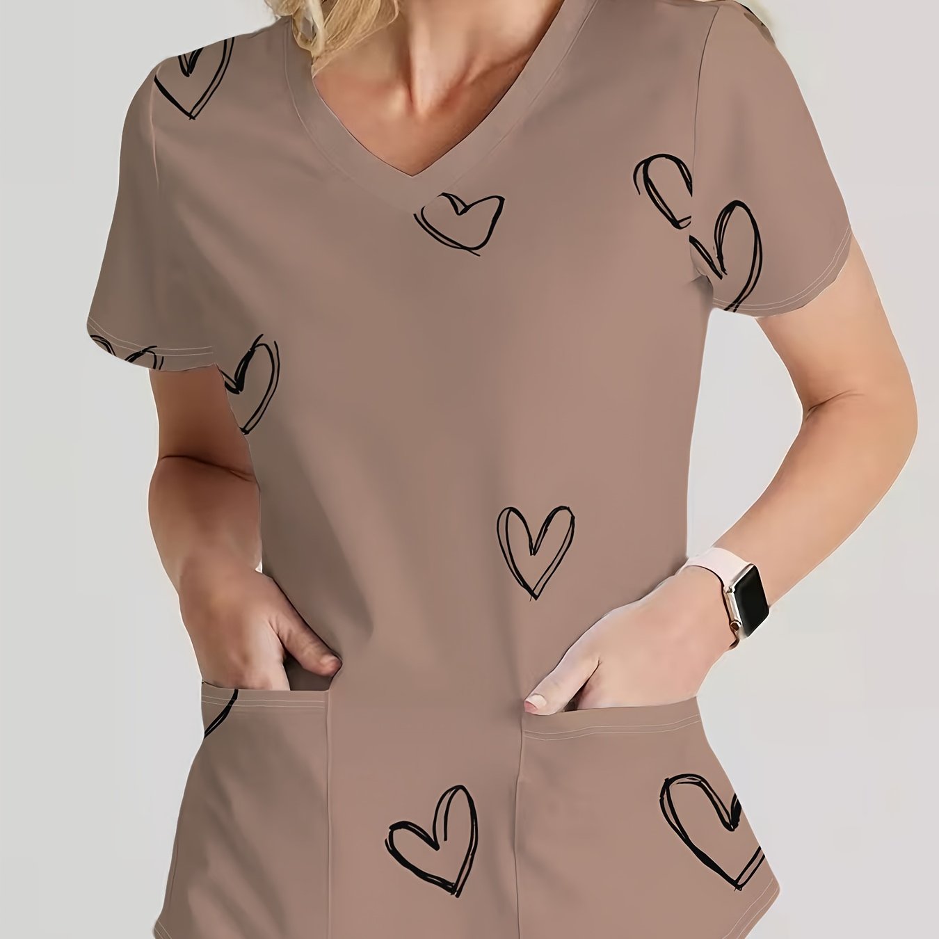 TEMU Women's V-neck Short-sleeve Blouse Top With Hand- & Suitable For Uniform Print - Breathable Soft Fabric, Light Brown Base, Casual Elegant