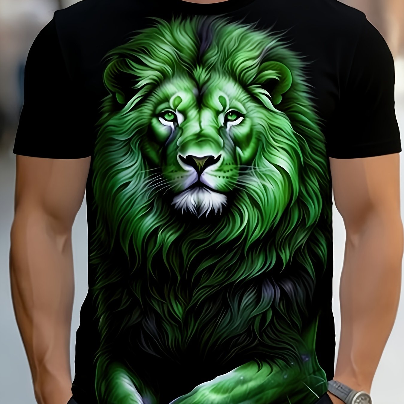 TEMU Men's Graphic T-shirt - Lion In Neon Green, Lightweight Breathable Fabric For Casual & Party Wear - Summer Loose Fit
