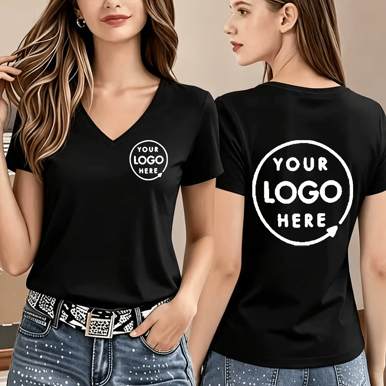 TEMU Custom Casual Fashion Versatile Women's V-neck Short Sleeve T-shirt Women's Custom Printed Top For Daily Wear