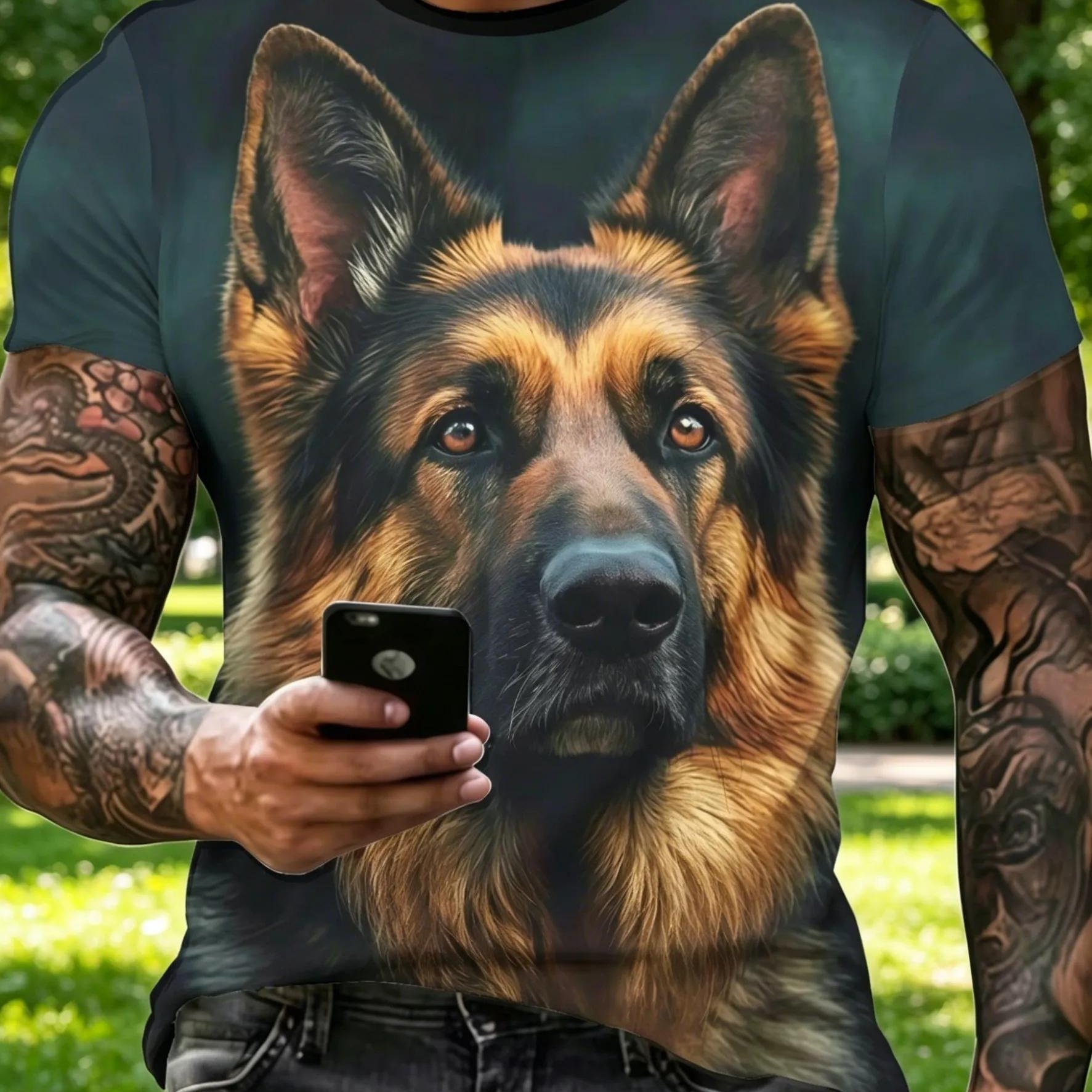 TEMU Men's Summer Casual Fashion Breathable German Shepherd All Men's Animal Graphic Short Sleeve T-shirt
