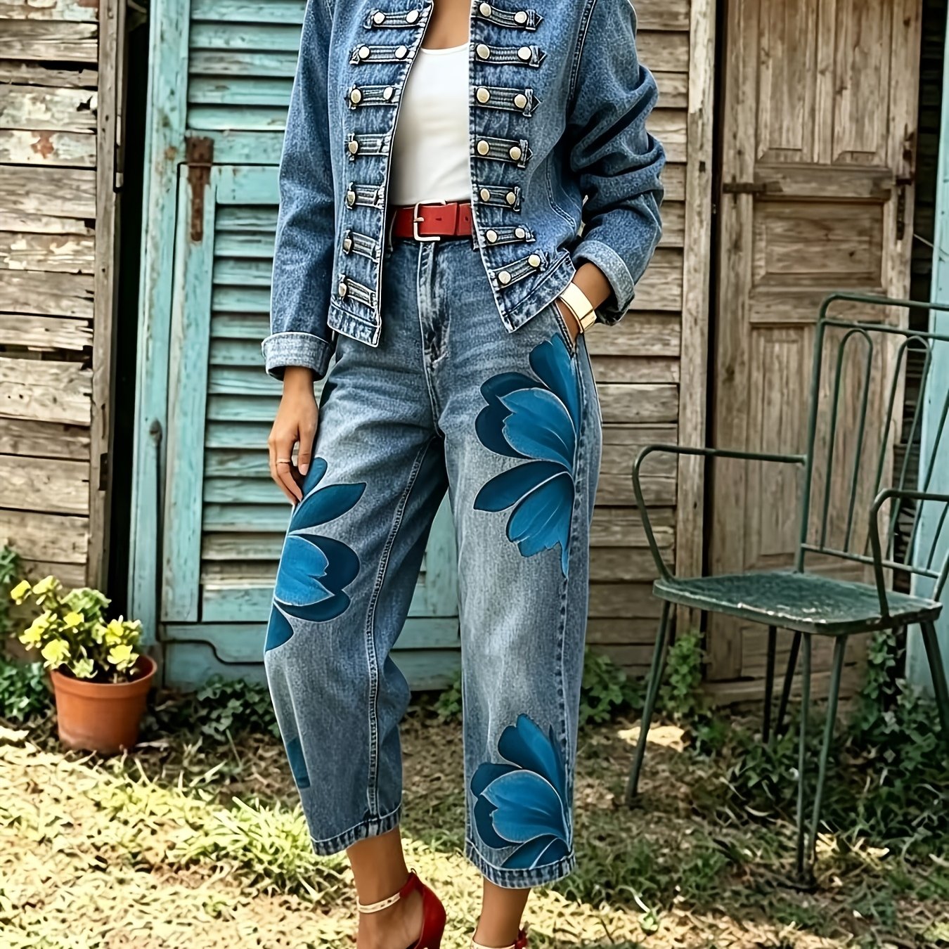 Image of 2026 New Arrival Women Vintage Washed Wide Leg Cropped Jeans Bohemian Print High Waist Straight Leg Denim Pants Y2k Casual Streetwear Fashion Urban Elegant Machine Washable Comfortable Trousers