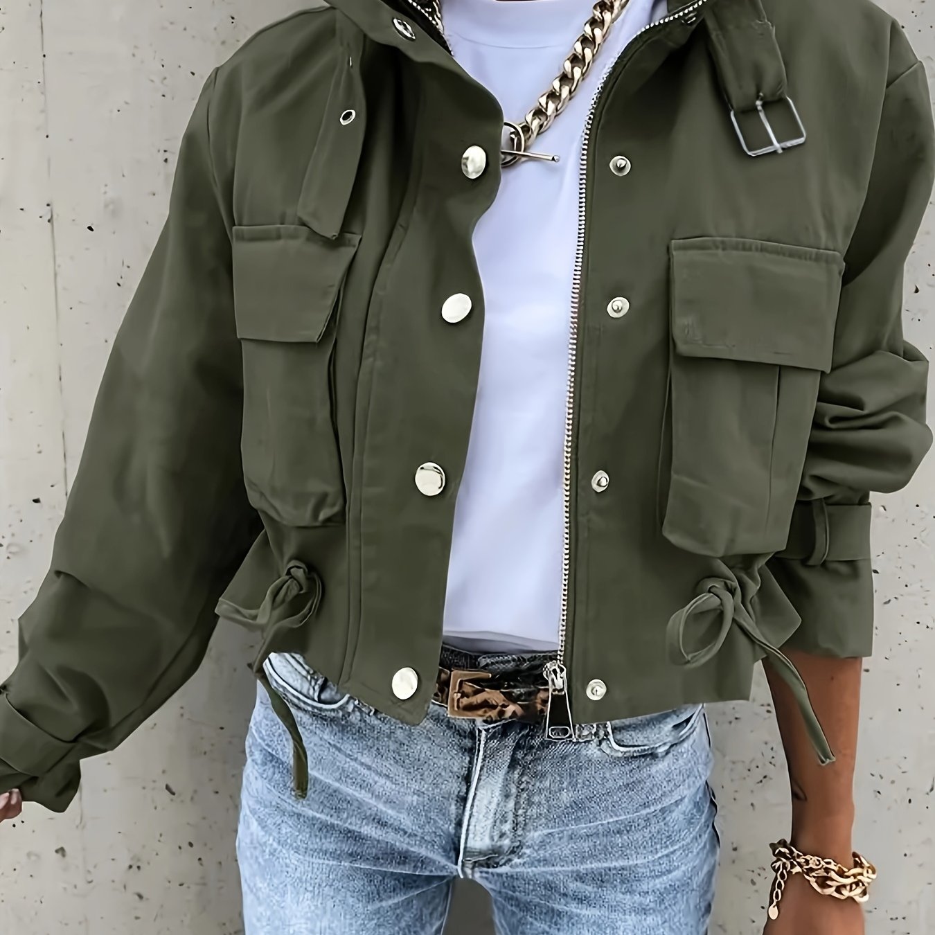 TEMU Fashion Casual Cargo Pocket Drawstring Long Sleeve Zipper Jacket Coat