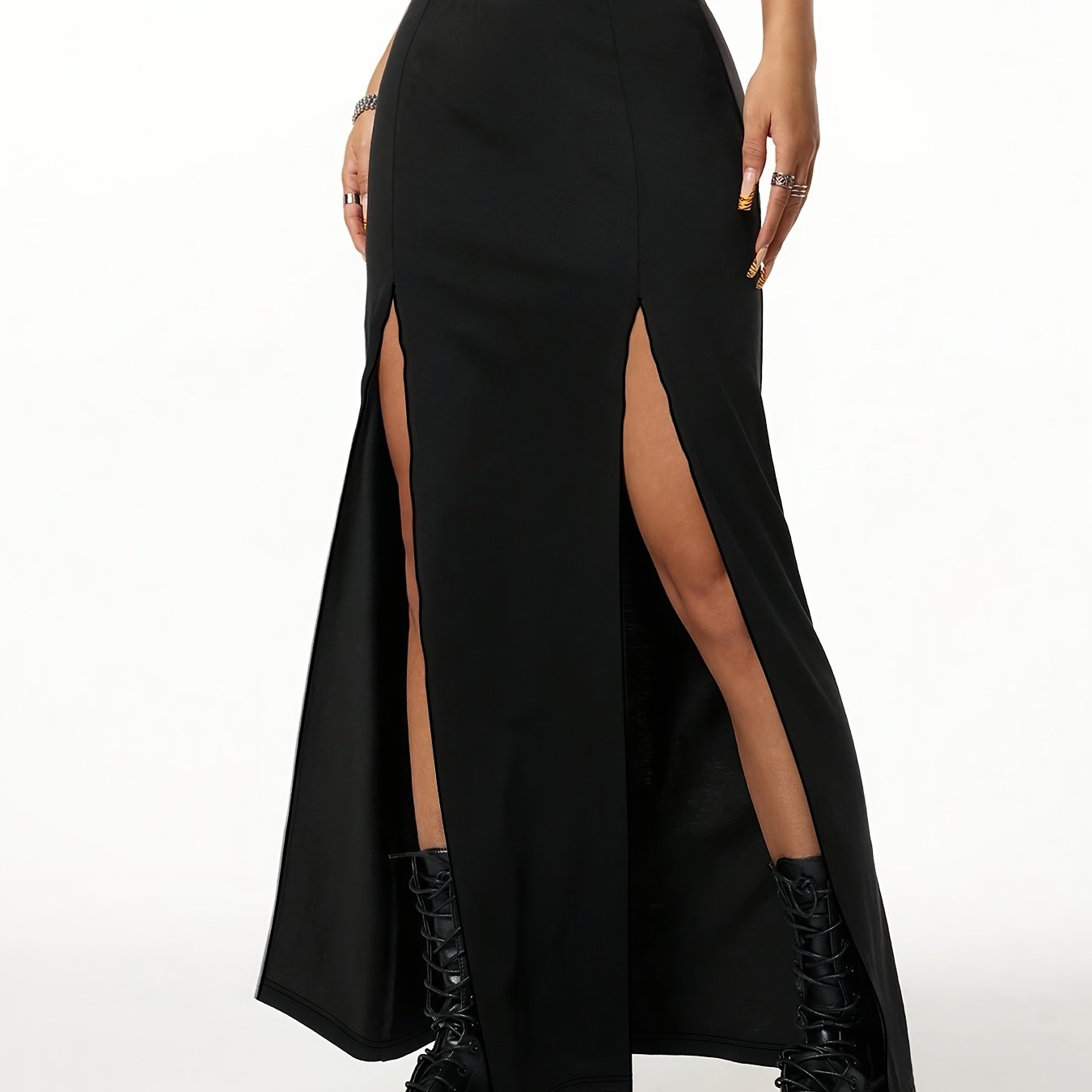 Y2k Summer New Arrival Black Double Slit Design Elastic High-waist Draped Fit Spicy Style Bodycon Versatile A-line Midi Skirt For Women