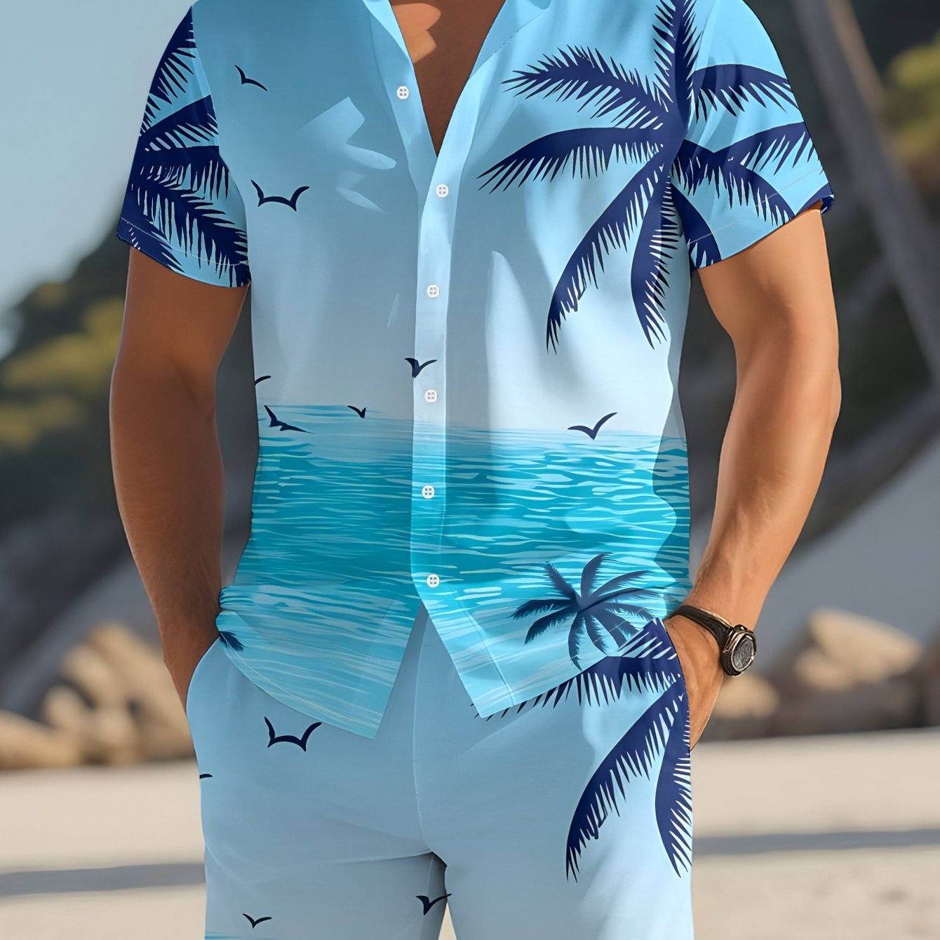 TEMU Men's Short Sleeve Shirt And Shorts Set, Printed With , Azure Sea, Standing Coconut Trees, And Birds Above . Machine Washable, Casual And