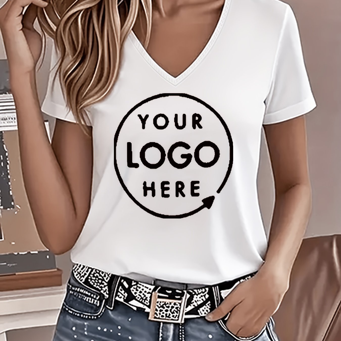 TEMU Custom V-neck T-shirt For Women, Printed Casual Fashion Versatile Custom Printed Top