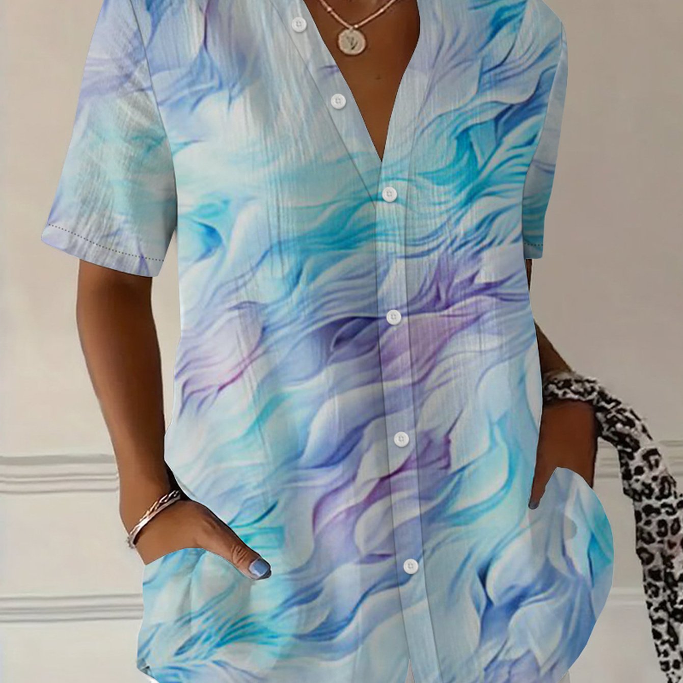 TEMU Summer Plus Size Women' Blue Purple Fluid Wavy Ombre All-print Short Sleeve Shirt, Casual Commute Beach Vacation Loose Casual Button-up Cardigan
