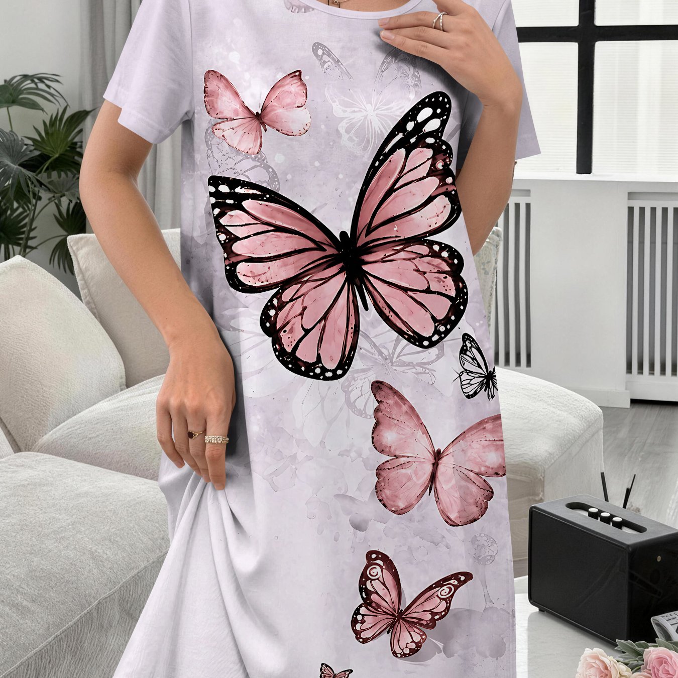 TEMU Women's Nightgown, Pink-purple Printed Decorative Casual Loungewear Nightgown, Comfortable For Home Use, Ladies' Nightdress, Elegant Women's