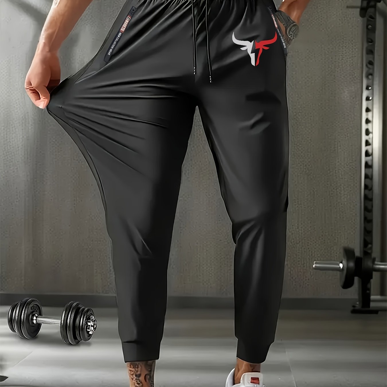 E-shop Herren elastische Sport-Langlaufhose mit Blitz-Stierkopf, Herren Freizeithose für Sport, Sport-Hose mit geradem Bein