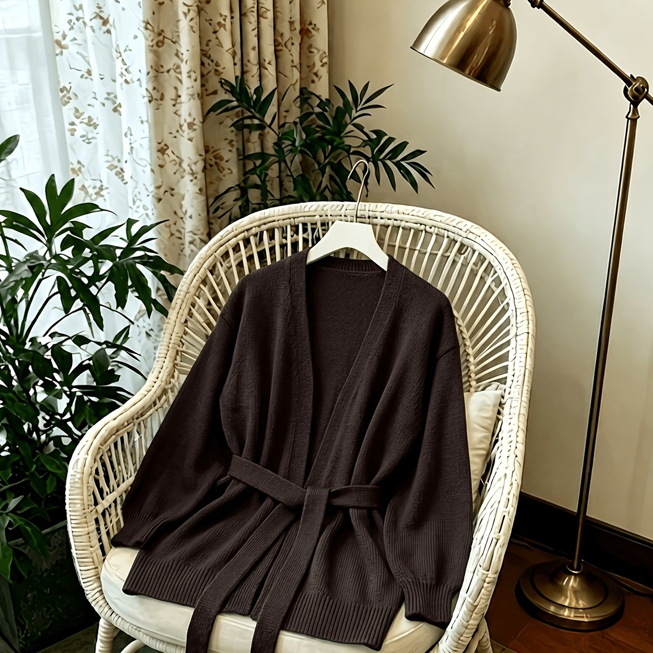 TEMU New Arrival For Autumn & Winter, Women' Color V-neck Cardigan With Tie Waist Design, Drop Shoulder Long Sleeve Slim-fit Mid-length Outerwear