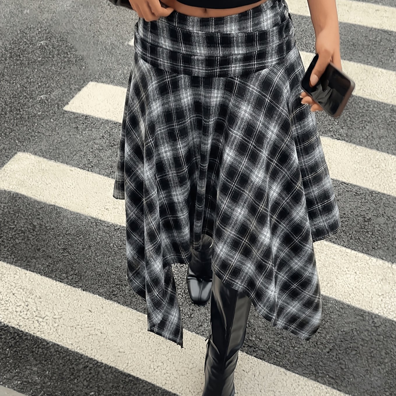 TEMU Women's Vintage Y2k Plaid Midi Skirt - High-waisted Asymmetrical Hem Skirt Suitable For , Machine Washable Non-stretch Suitable For Dates,