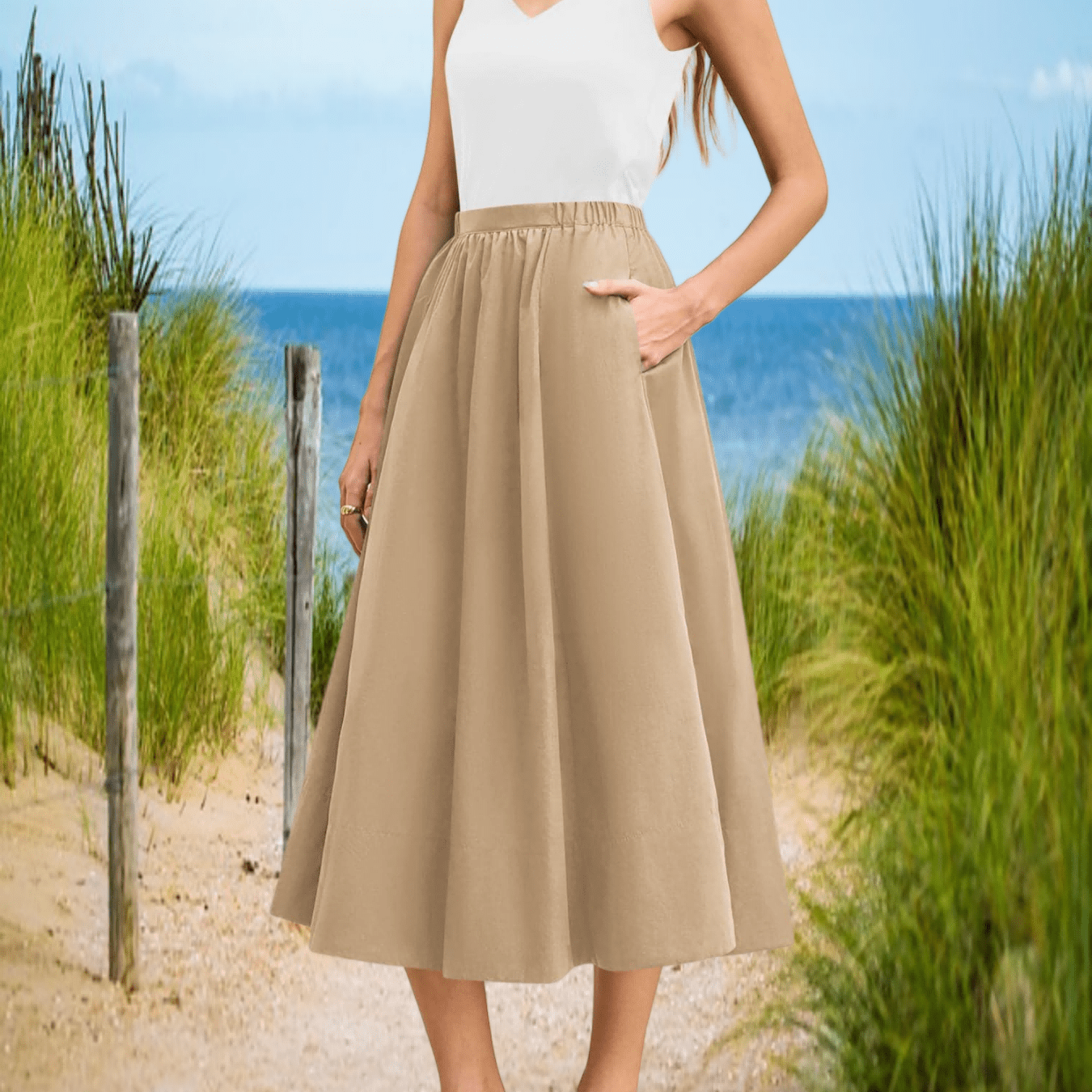 Image of Women' Spring Summer A-line Midi Skirts Casual Elastic High Waist Flowy Swing Pleated Beach Boho Long Skirt With Pocket