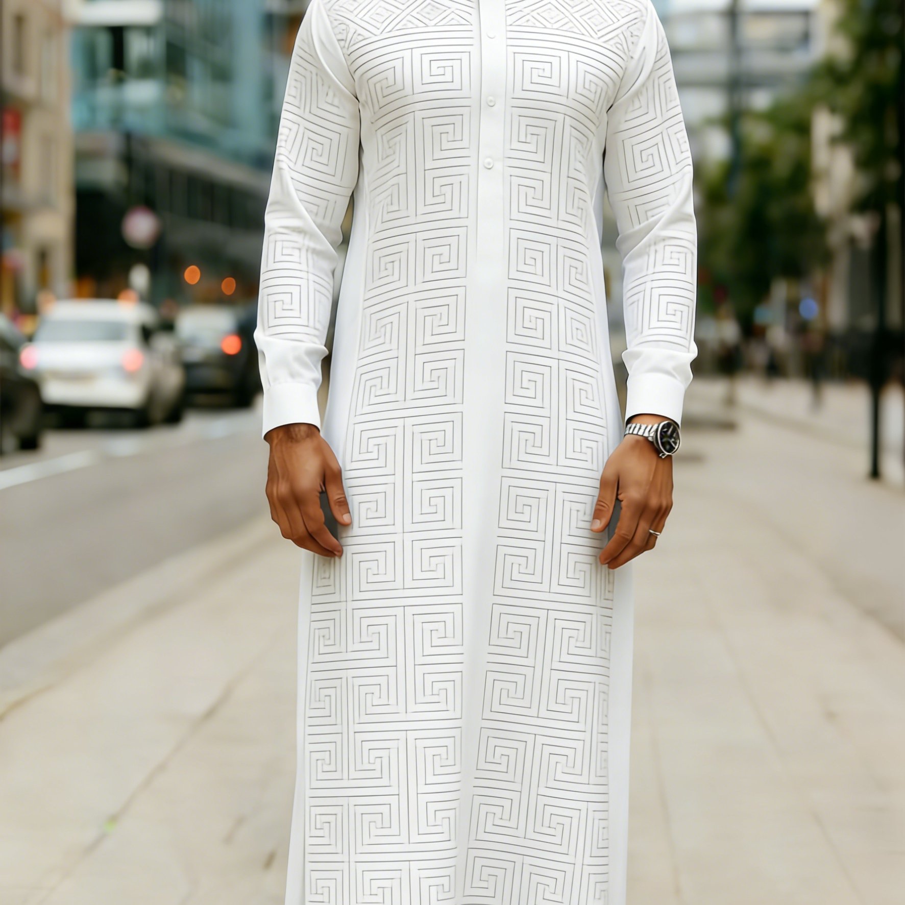 TEMU Robe Longue Homme Style Arabe - Motif Imprimé Géométrique Vintage - Robe Longue Simple Adaptée à une Tenue Formelle et Décontractée - Col Mao