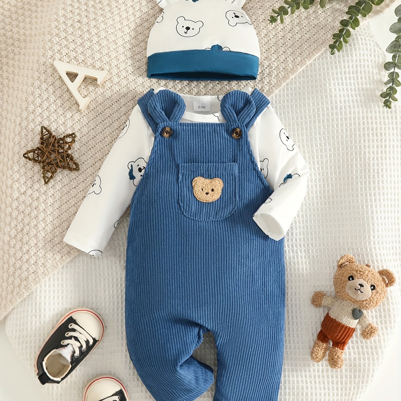 Long-sleeved Bear Print Triangle Romper + Suspender Trousers + Hat Three-piece Set, For Outdoor, And Clothes