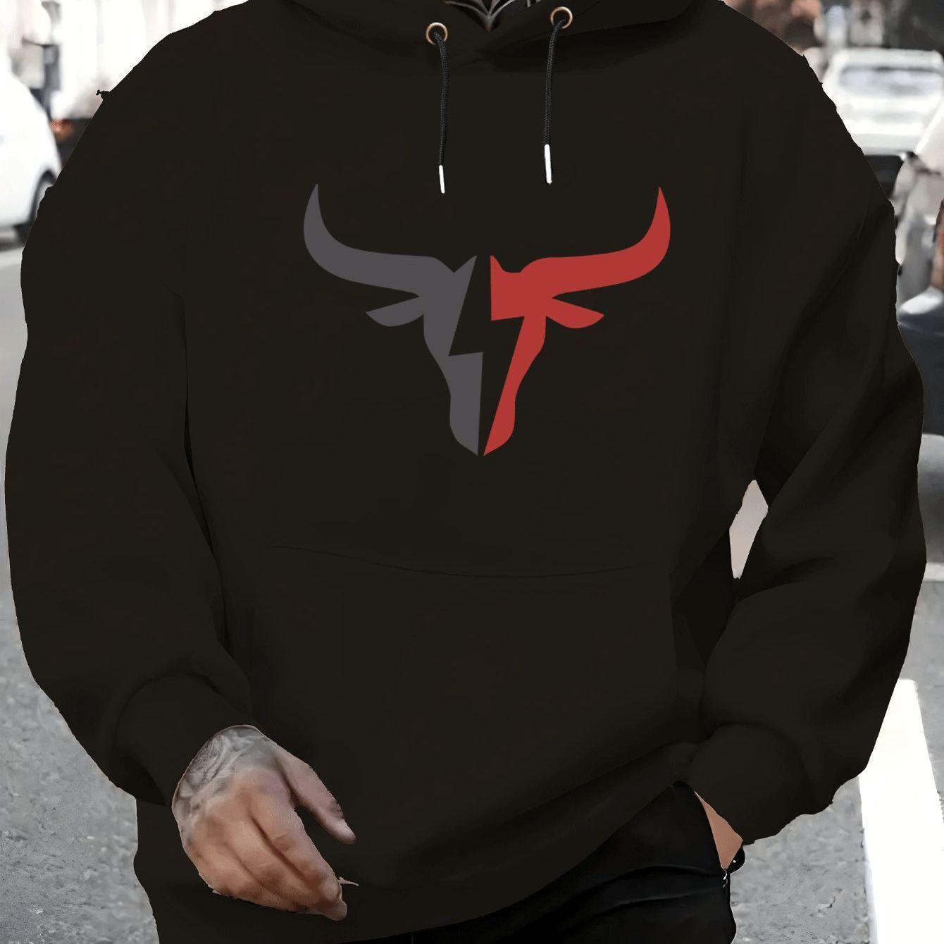 TEMU American Autumn Winter New Style Pullover Trendy Brand Print Men's Outerwear Fleece Hooded Sweatshirt, Plus Size