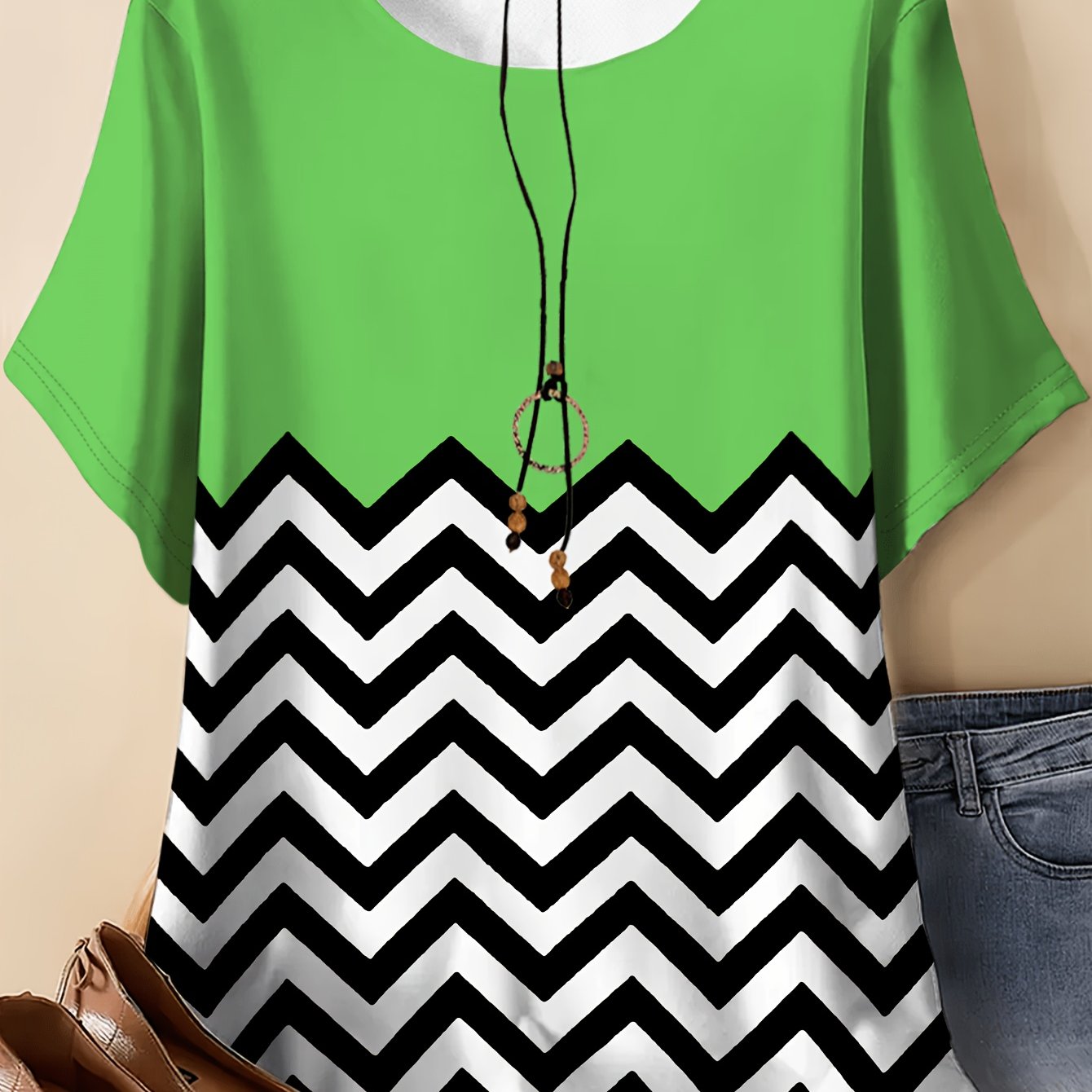 TEMU Plus Size, Women's 2d Black And White Large Wave Pattern Print T-shirt - Casual Short Sleeve Crew Neck Top, Breathable And Comfortable For ,