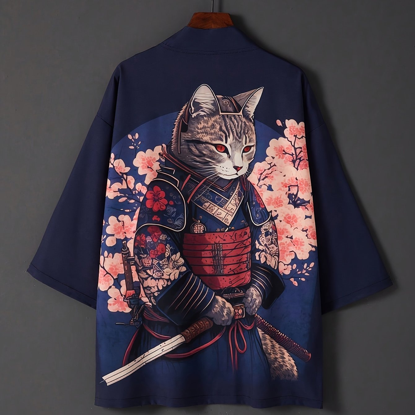TEMU 日本風ストリートヴィンテージ猫侍プリント着物ハオリカーディガン 軽量サマールーズオーバーサイズビーチバケーション浴衣スイムウェアカバーアップチュニック
