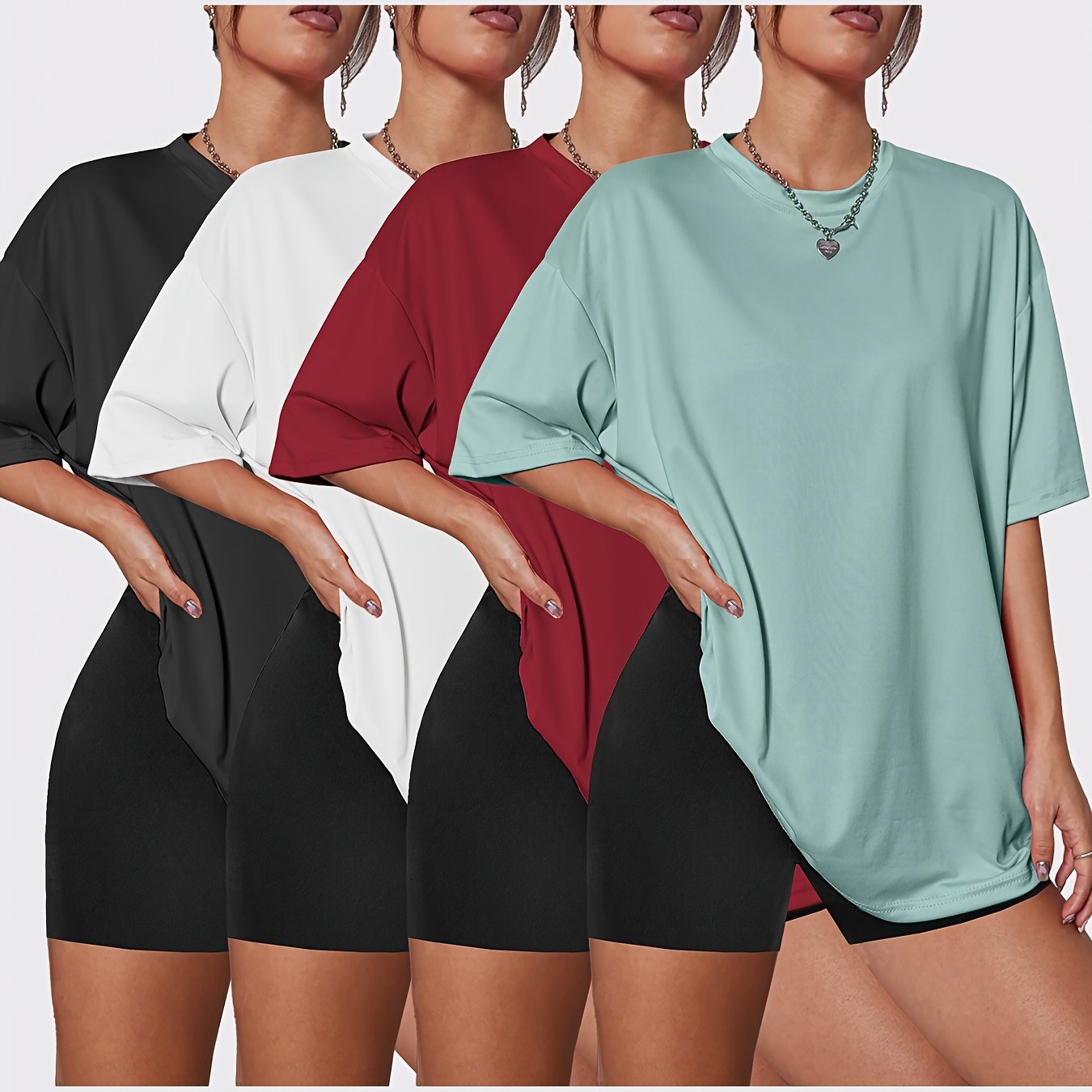 TEMU 4pcs Women' Oversized T-shirts - Oversized Loose Neck Quick-dry Breathable Tees, Solid Color & Casual, Machine Washable Suitable For Spring