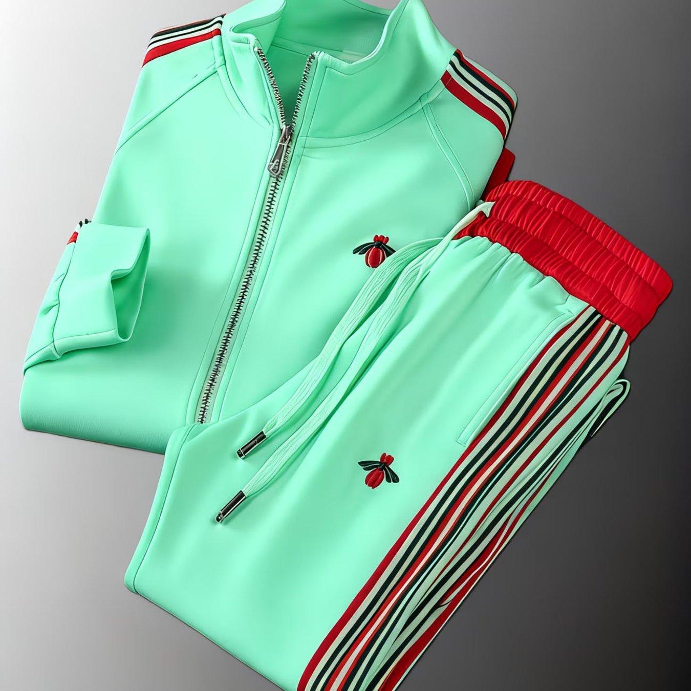 Men's Casual Tracksuit Featuring Style With Bee And Striped Color Blocks, In Mint Green. This Jacket And Pants Set Is Designed For Adult Men, Perfect For Sports And Casual