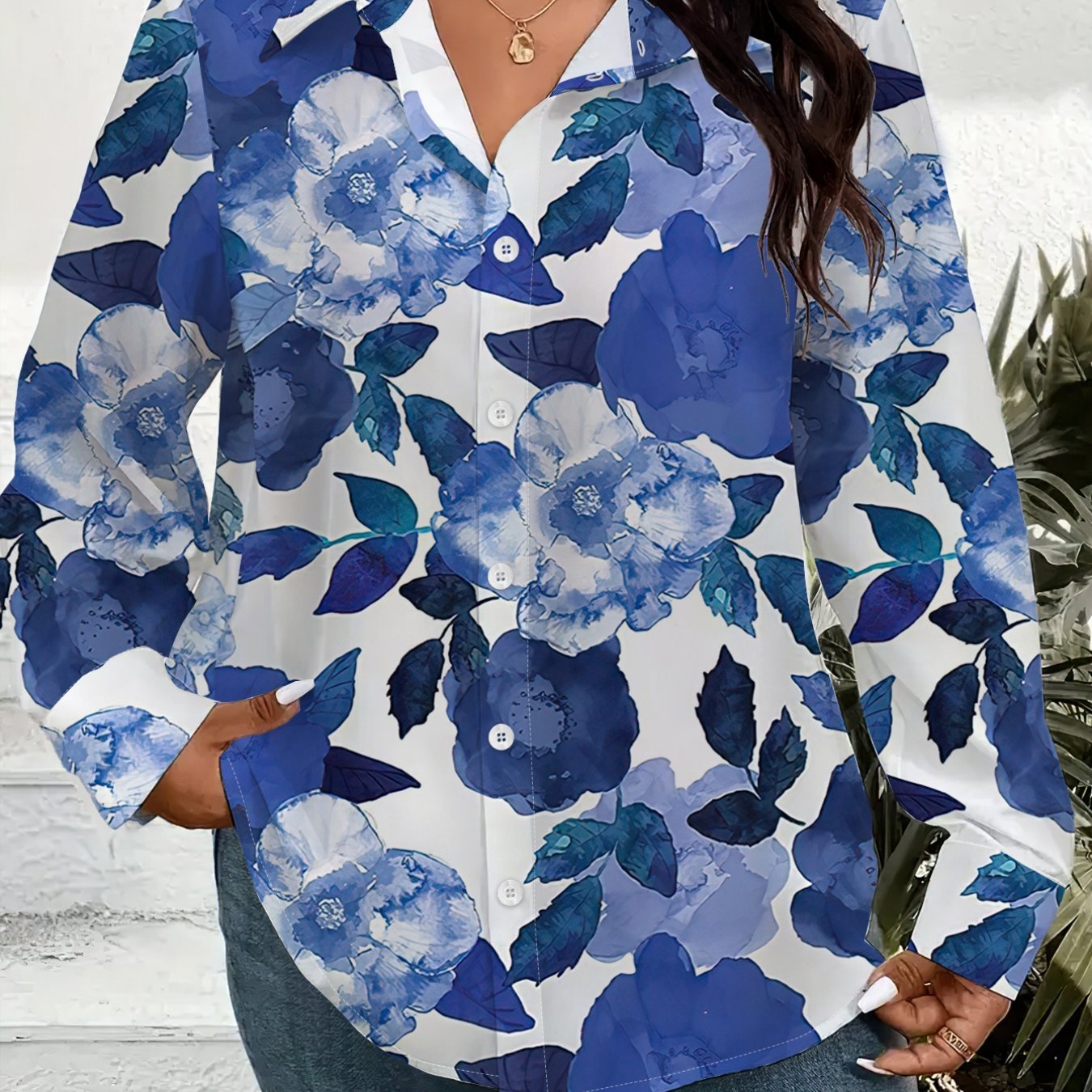 TEMU Women's Plus Size Long Sleeve Button- Shirt Cardigan Floral Print Loose Fit Lightweight Breathable Casual Wear Fashion Blouse Top With Lapel