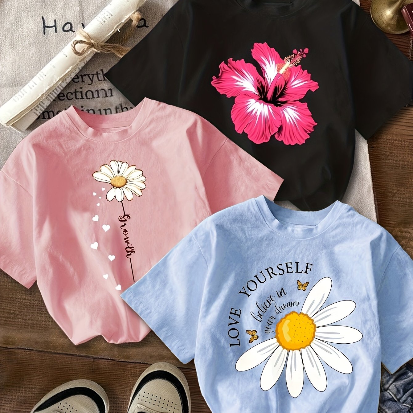 TEMU A Set Of 3 Women's Stylish Casual T-shirts, Featuring Short Sleeves With Floral Prints