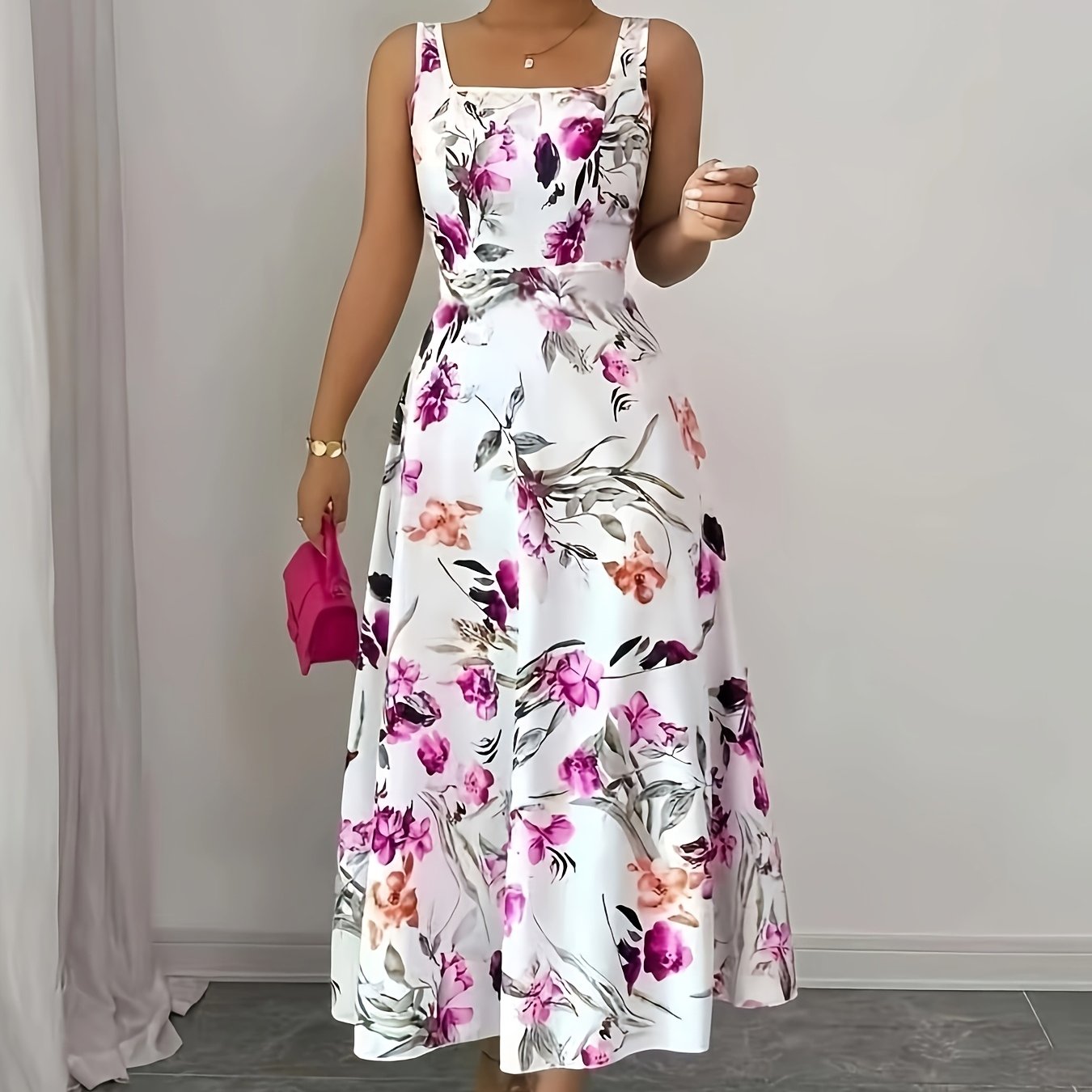 Women's Floral Print Sleeveless Square Neck A-line Long Dress, Elegant Style, Suitable For Vacation Travel, Parties And Daily Wear