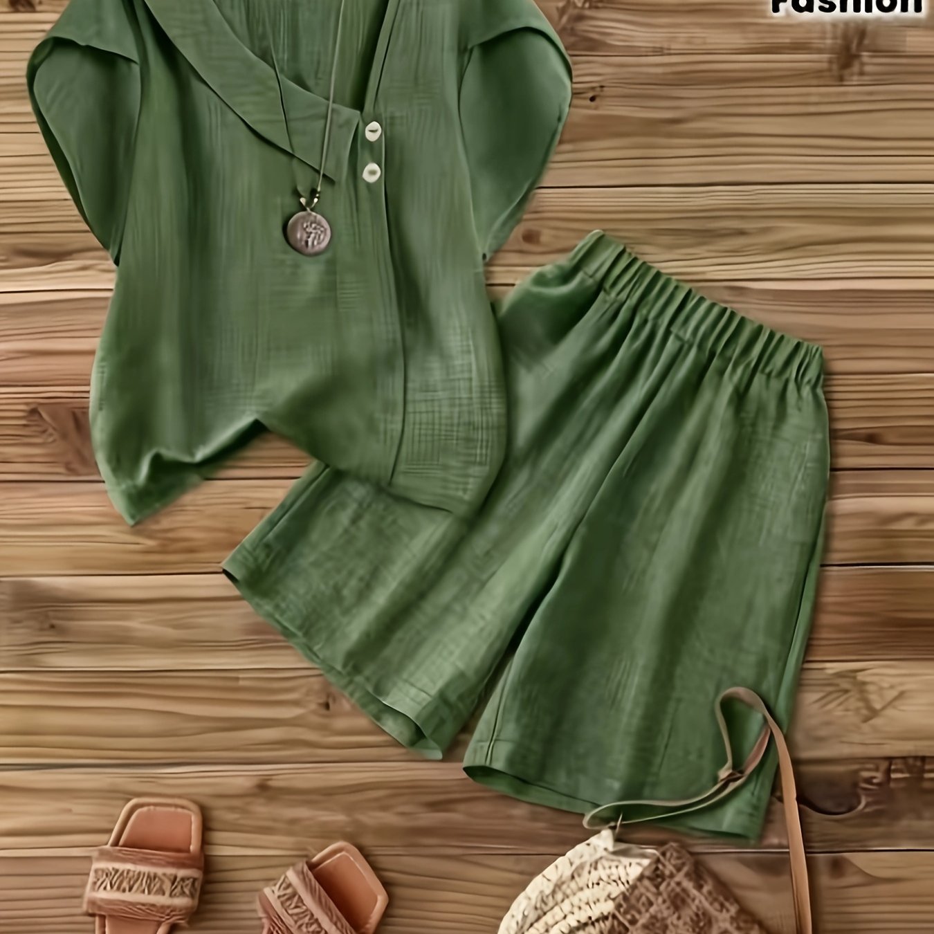 TEMU Dlh010 2026 Women's New Arrival Casual Set, Fashionable Solid Color Asymmetrical Neckline Petal Sleeve Shirt + Elastic Waist Shorts Set, 2pcs