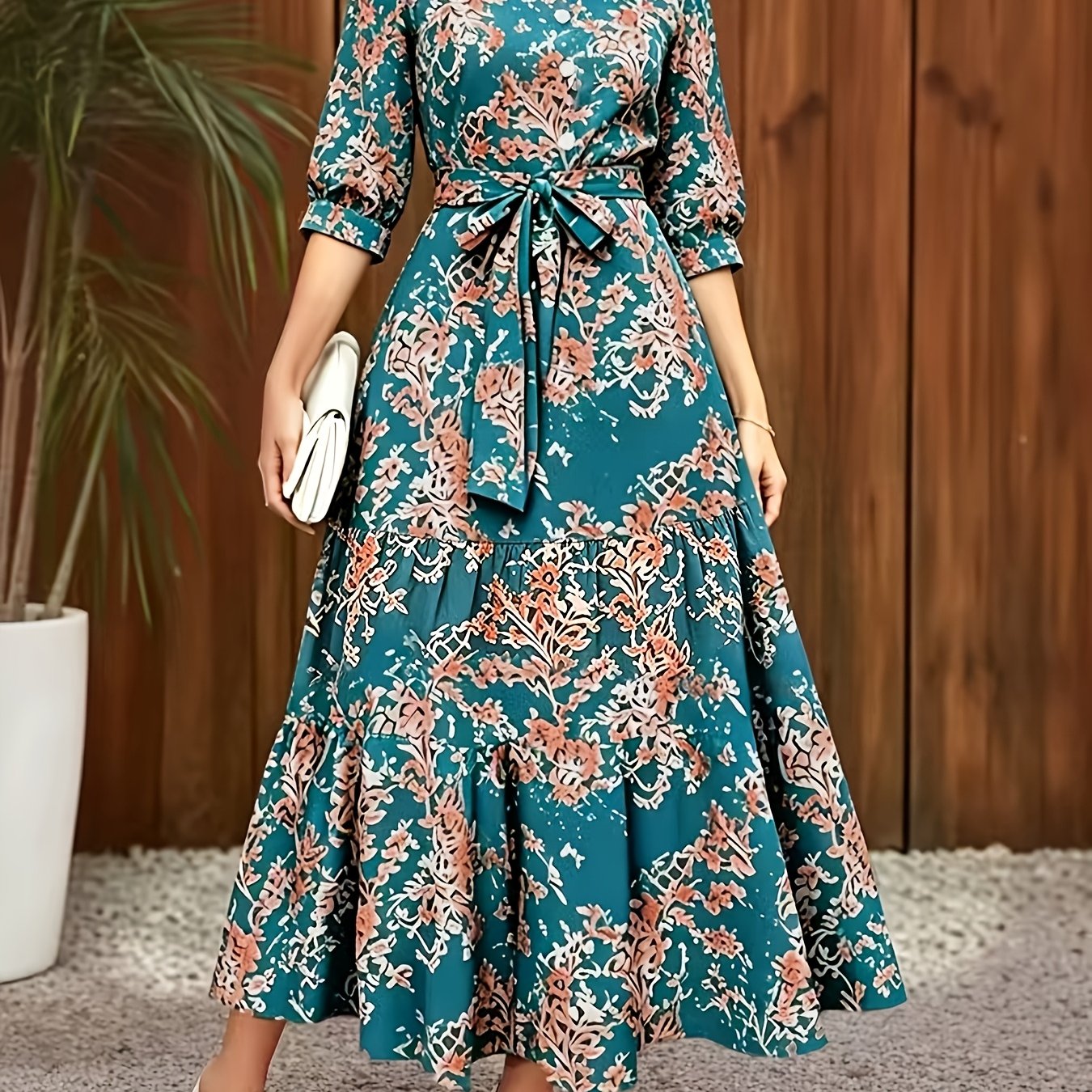 TEMU Elegant Casual Street Round Neck Three-quarter Sleeve Spring Summer Dress, Summer Dress