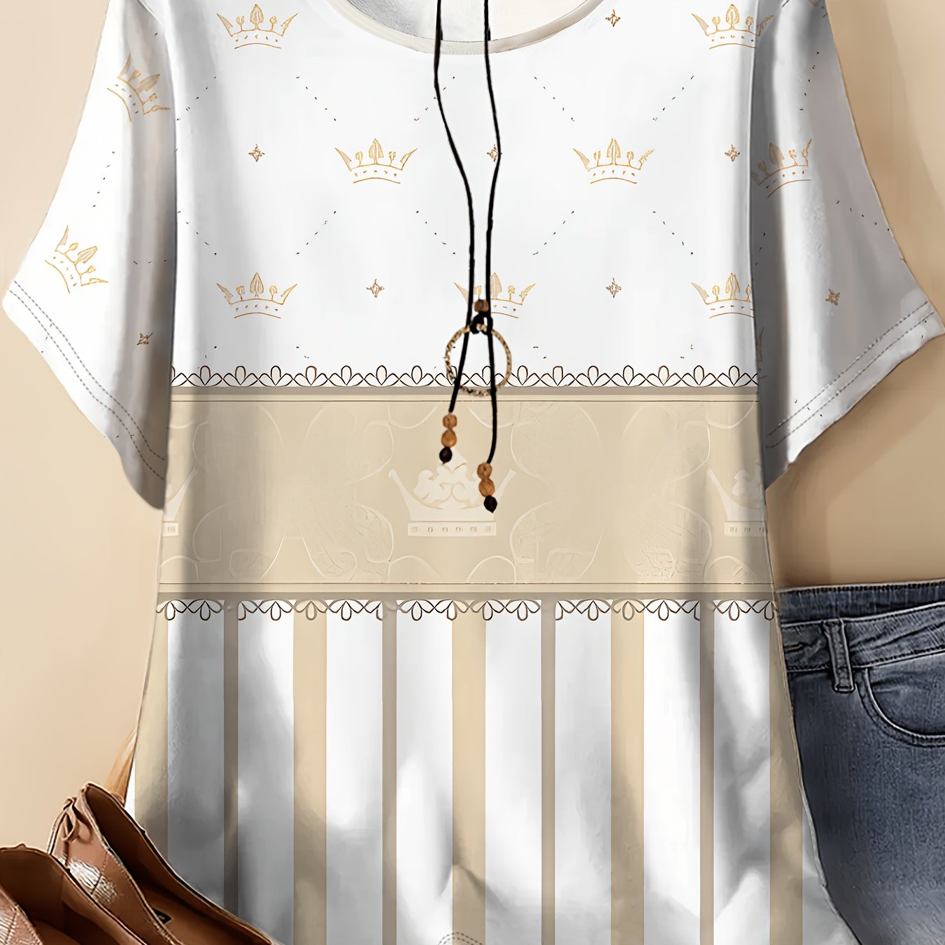 TEMU Print Striped Contrast Short Sleeve Loose Plus Size Round Neck T-shirt, Light Luxury Elegant Temperament Casual Athletic Top For Women