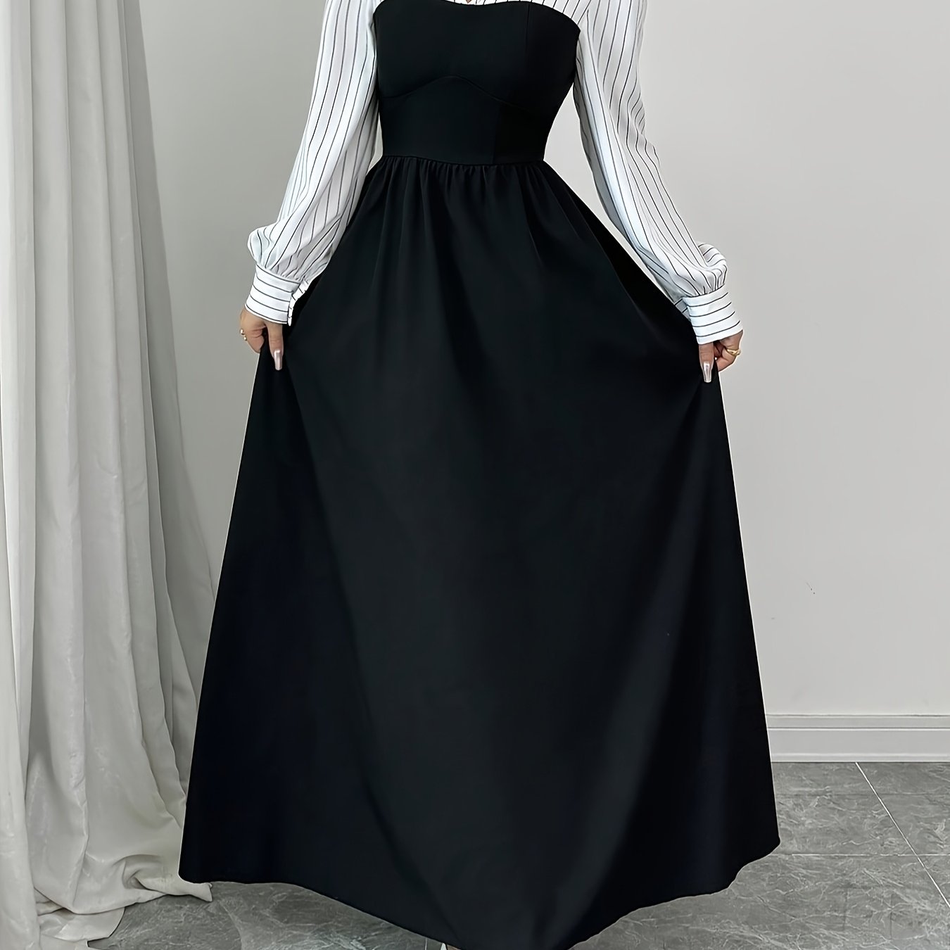 E-shop gestreiftes Patchwork-Langrock, modisches elegantes langärmeliges Kleid für Damen, Herbst/Winter-Kleid. Herbst-Modetrend, Damenherbstbekleidung,