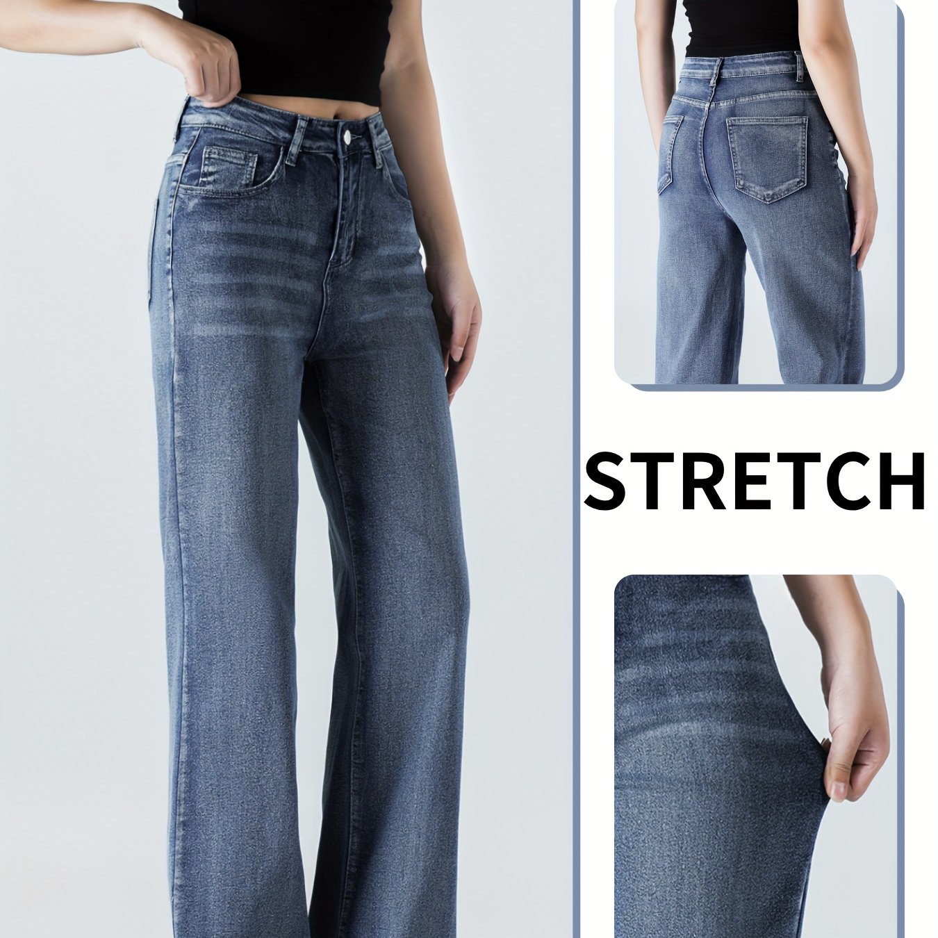 Women's Stretch Pants - Washed Blue Straight-leg Full-length Jeans With Built-in Zipper Closure | Slim-fit Trousers Suitable For Work, Travel & Weekend Parties | Elegant (casual & Professional Wear)