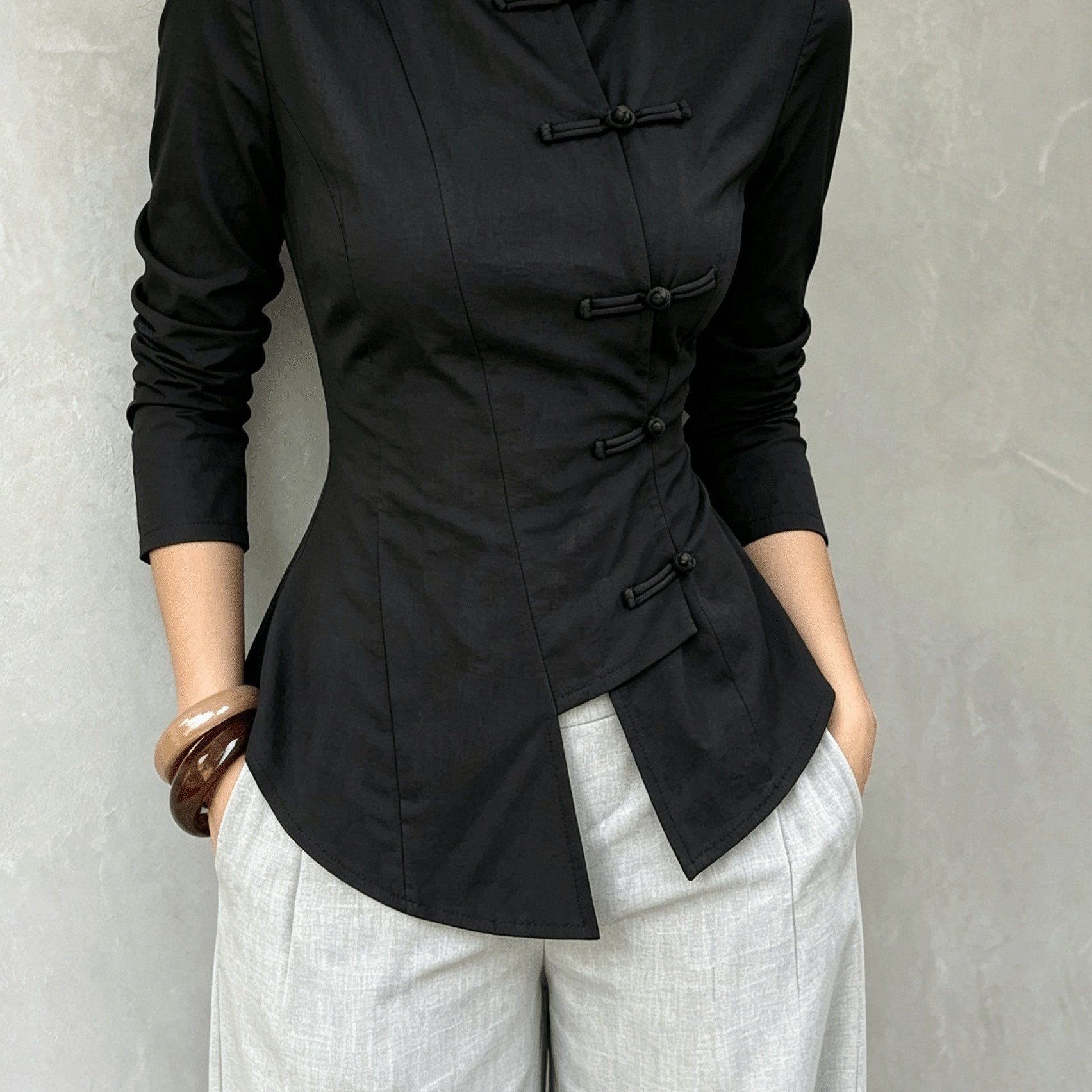 TEMU Haut pour chinois à col , manches longues et taille cintrée, printemps/automne, chemisier boutonné, tenue de bureau et de , belle chemise,