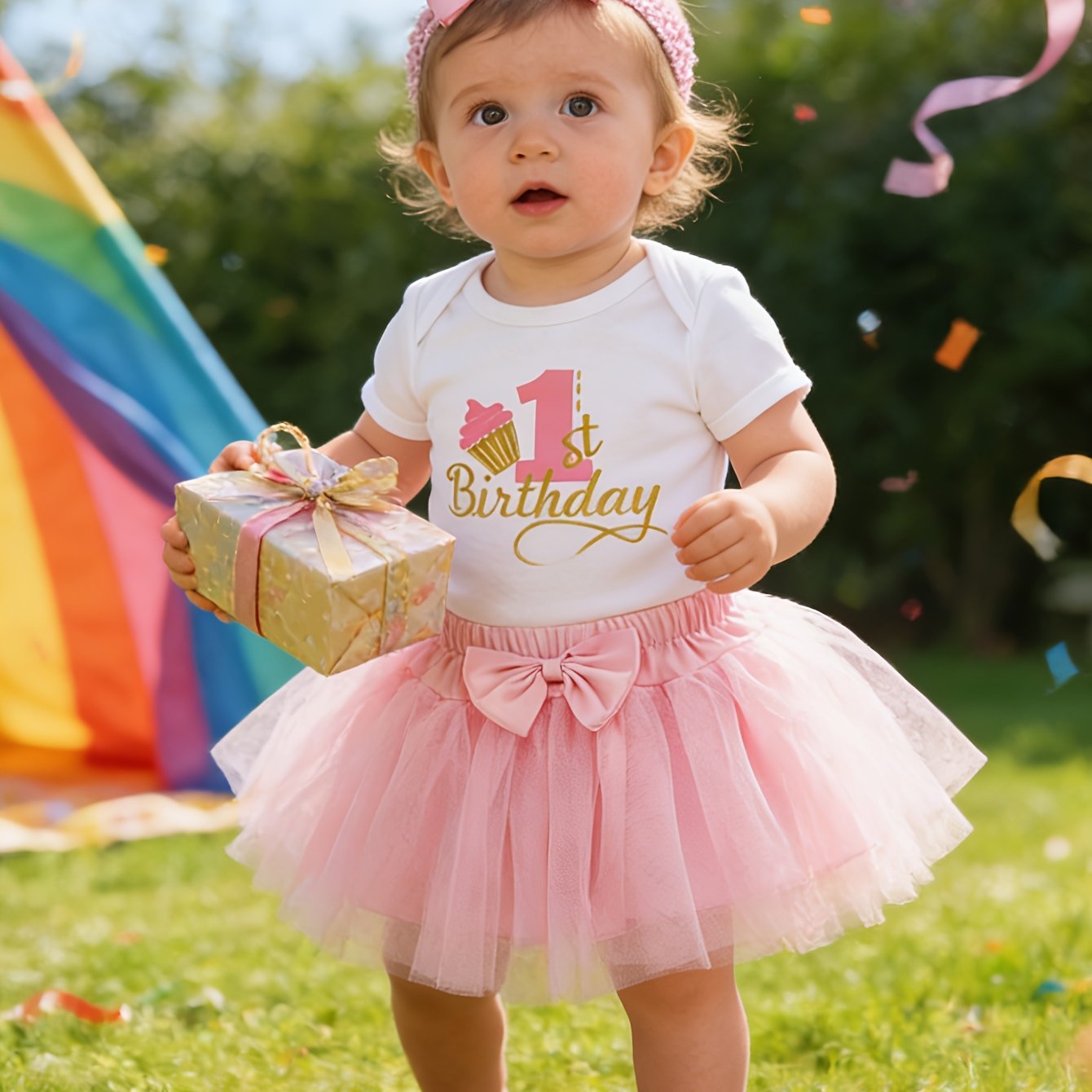 Image of Infant & Toddler Girl's Outfit For 0-2 Years Old, Birthday & First Birthday Gown Set With Short-sleeved Romper, Skirt, And Headpiece, Party Attire, Perfect For Outdoor