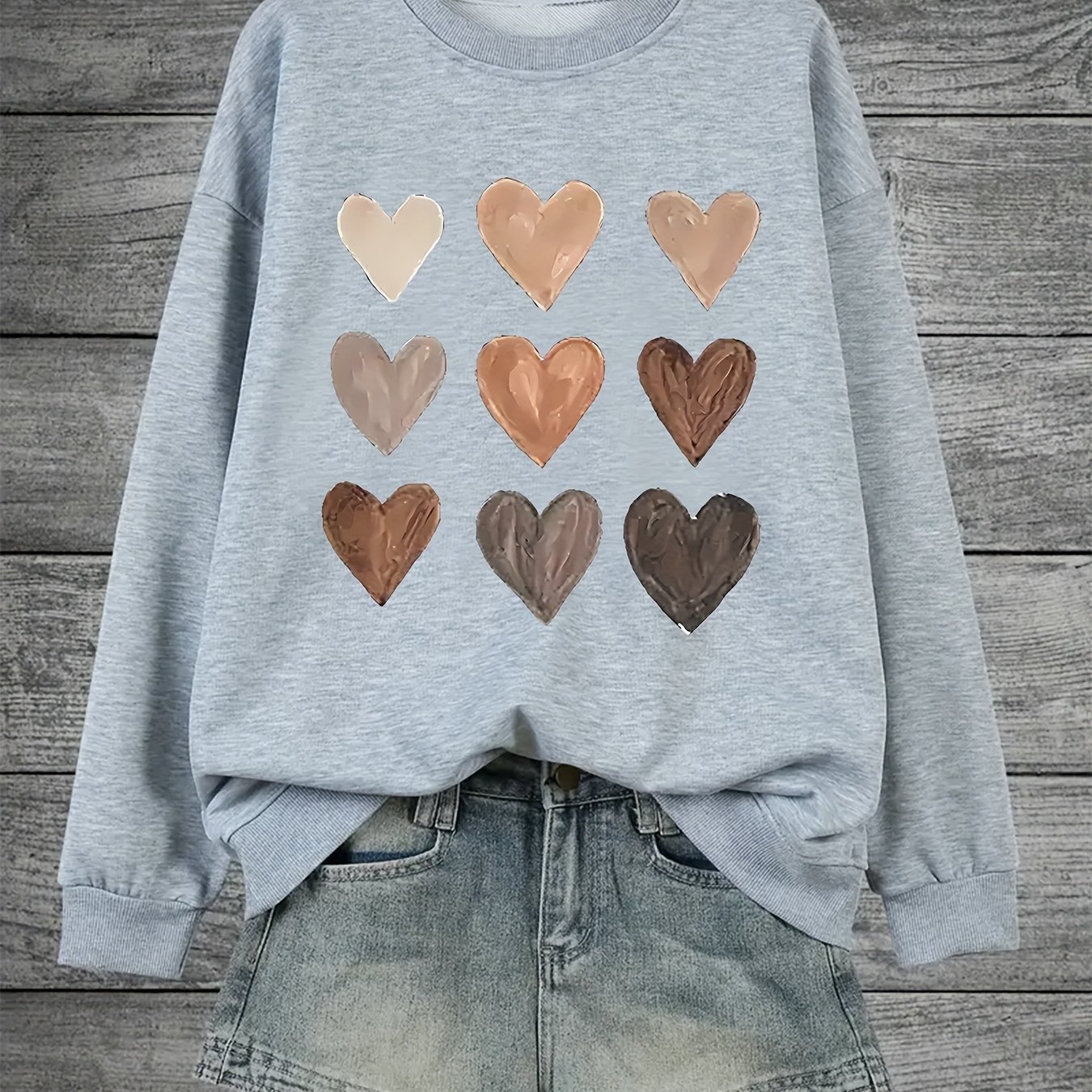 TEMU Plus Size Heart Print Sweatshirt, Crew Neck Casual Sweatshirt For Fall & Spring, Women's Plus Size Clothing