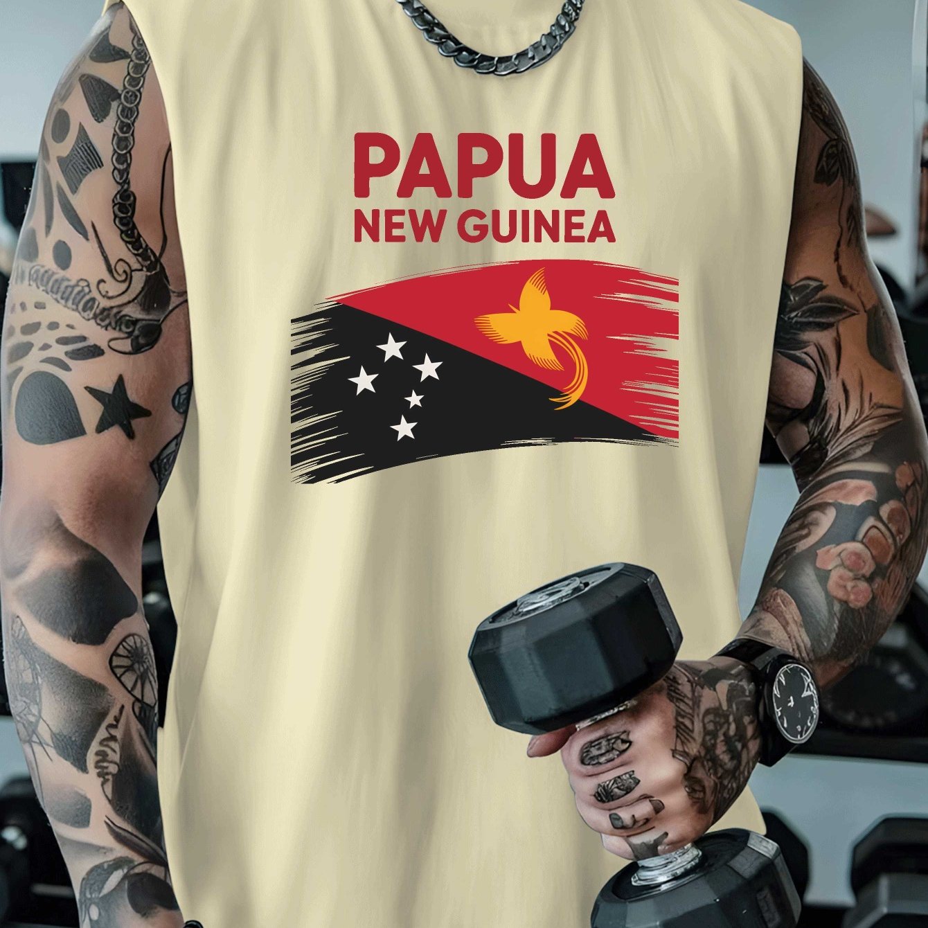 TEMU Men's Plus Size New Guinea Tribal Print Tank Top - Breathable Sleeveless Shirt For Big & Tall Guys, Cultural Gym Wear For Sports, Fitness &