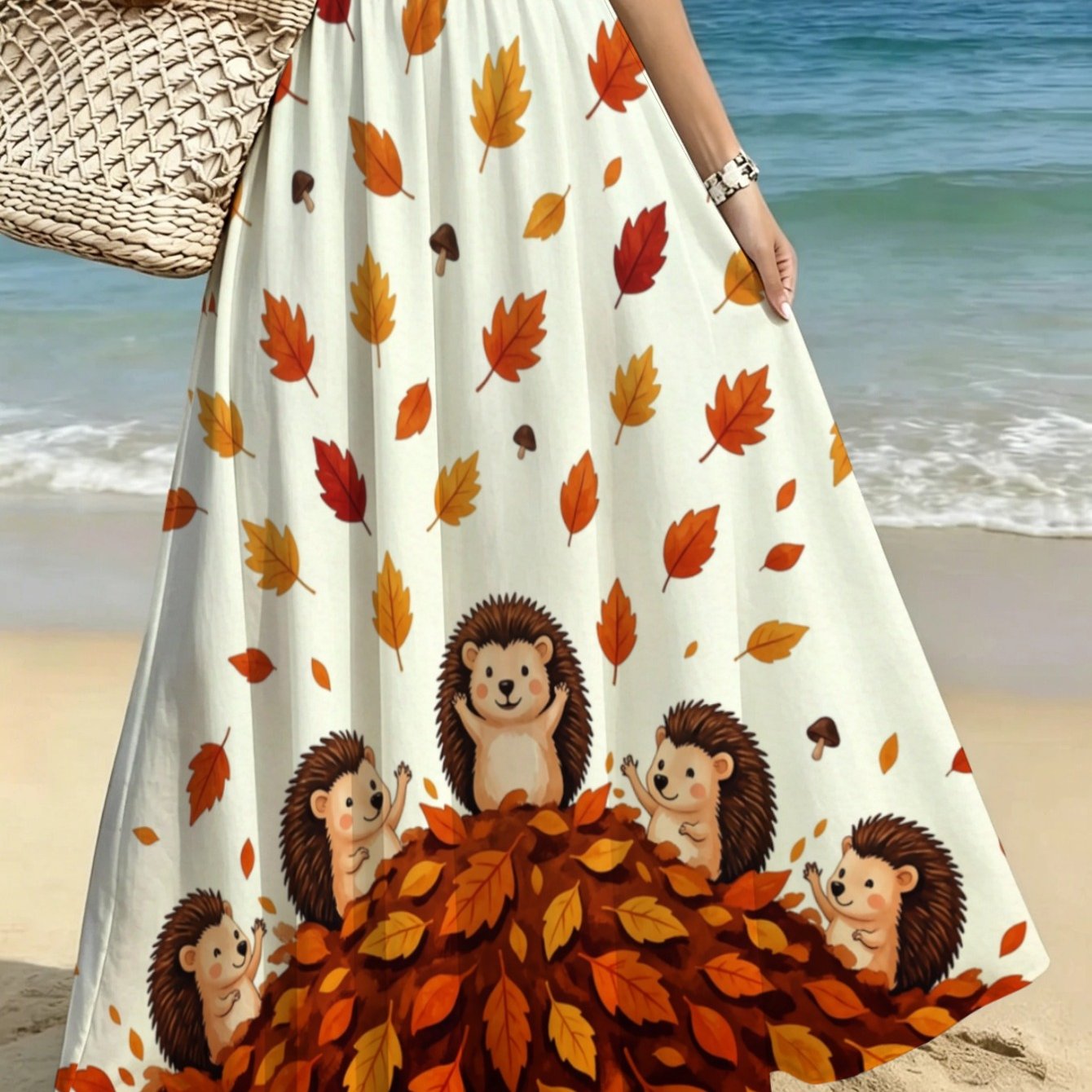 TEMU Lianyaoshi [printed Design Not Textured] Women's Autumn Leaf Hedgehog Print Maxi Skirt, Lightweight For Beach, Garden Parties, Or Casual Outdoor