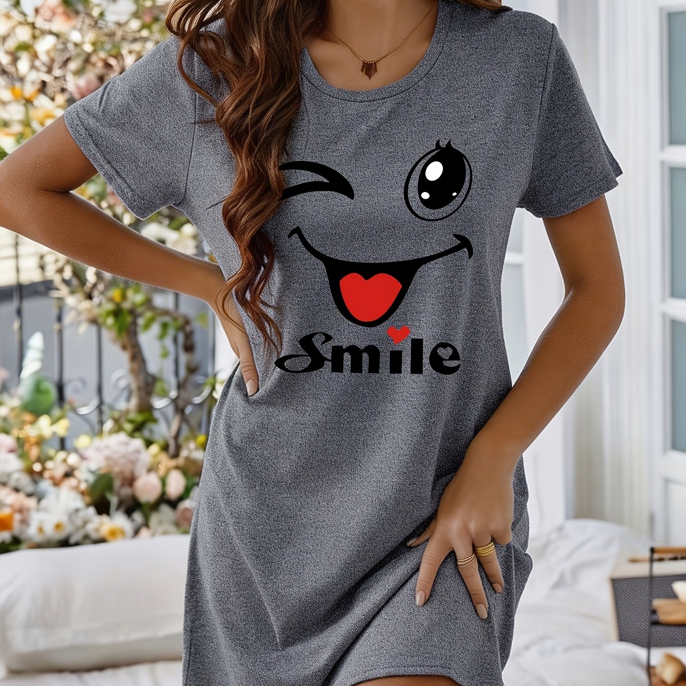 Image of Summer Women's Cartoon Cute And Letter Print Simple Casual Short-sleeve Nightgown, Fashionable Loungewear And Sleepwear Suitable For Outdoor Wear