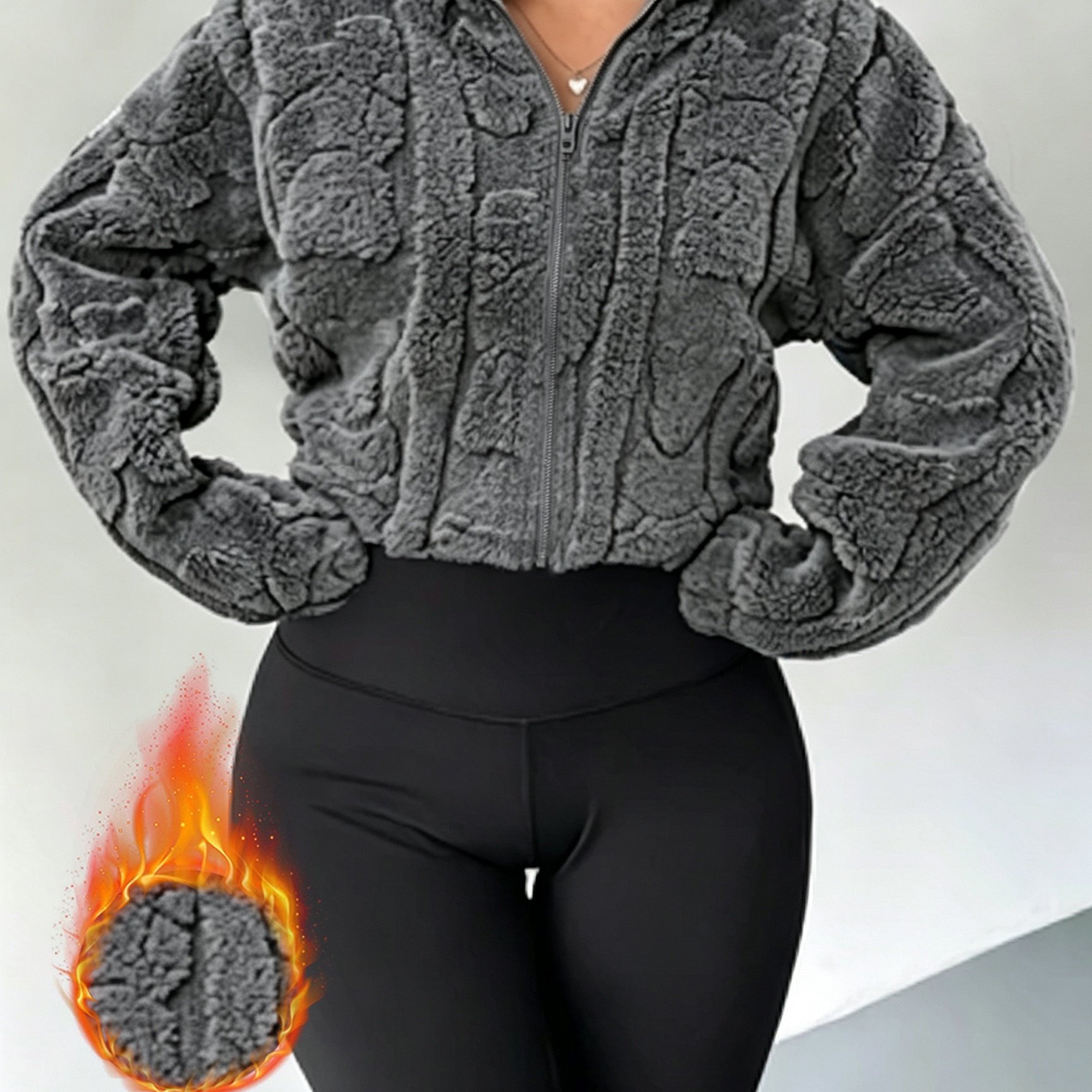 TEMU Women's Casual Elegant Warm Plush Jacket Top, Textured Plush Fabric, Fashionable Commuter, Versatile, Daily Wear, New Autumn/winter Style