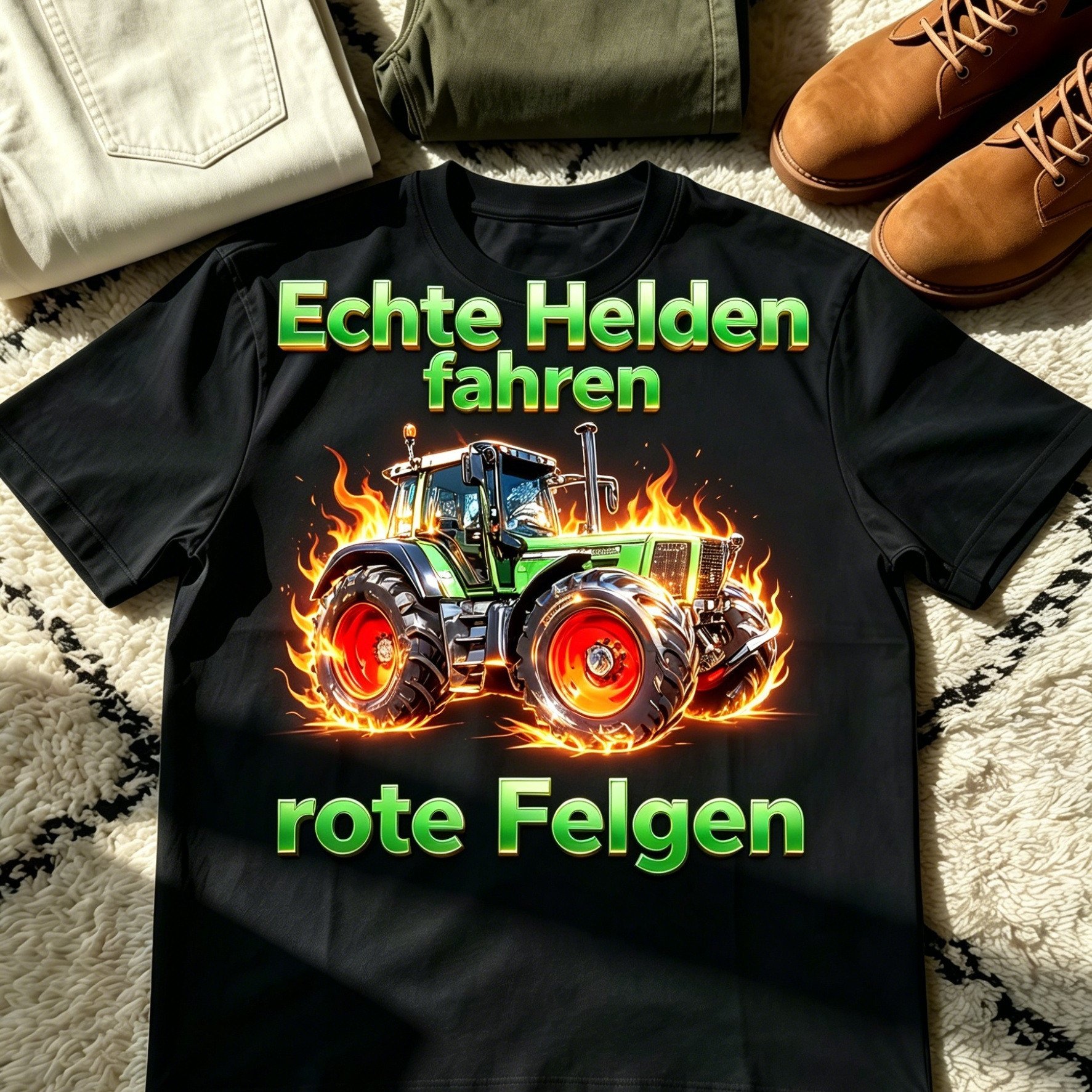 Image of Men's "echte Fahren Rote Felgen" With Red Rims& Flames Graphic T-shirt, German Farmer Quote Print Crew Neck Short Sleeve Tee, Black Cotton Casual Top For Tractor Lovers