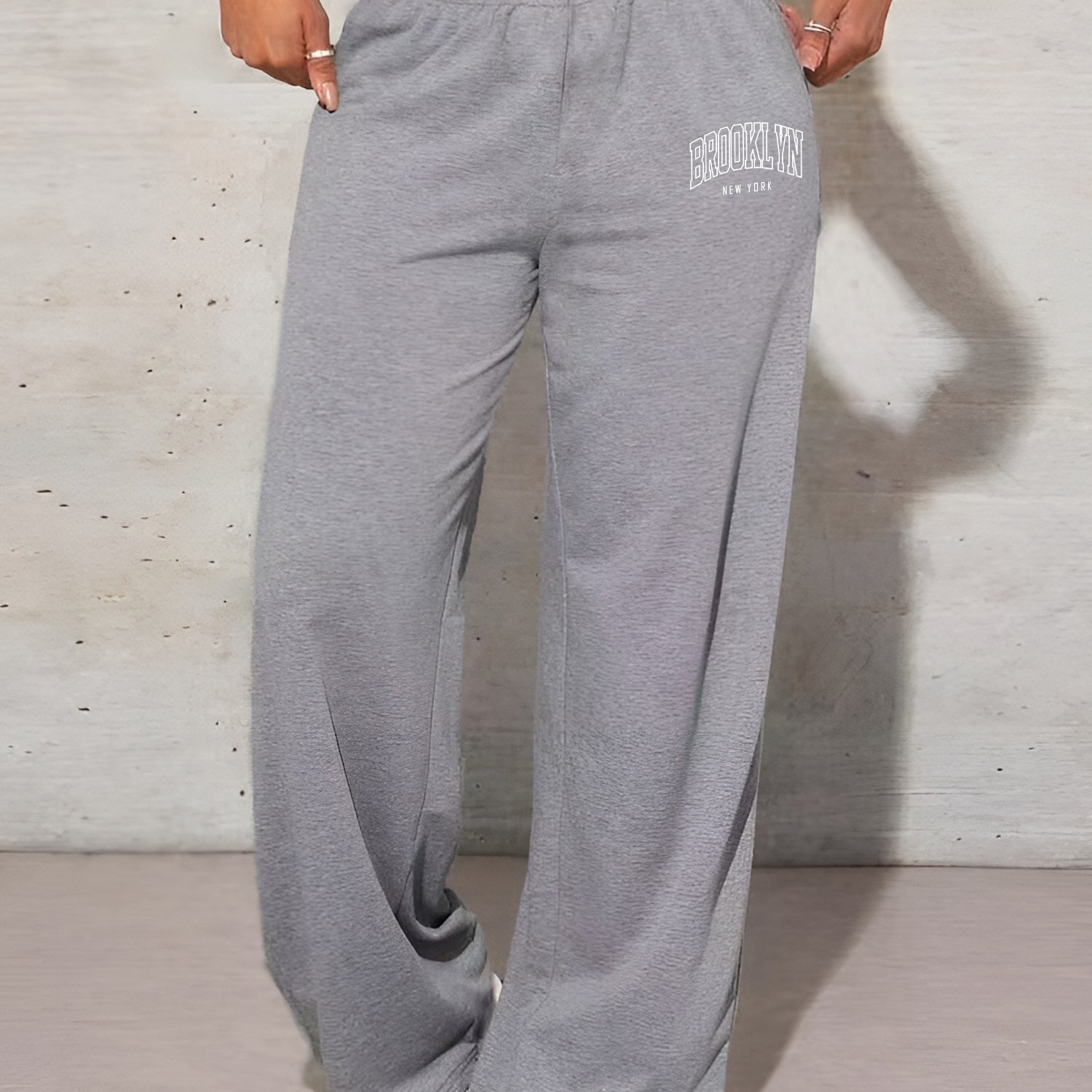 TEMU Adult Casual Loose-fit High-waisted Sweatpants With Letter Print, Knit Fabric, Polyester, For Fall/winter - Brooklyn Style