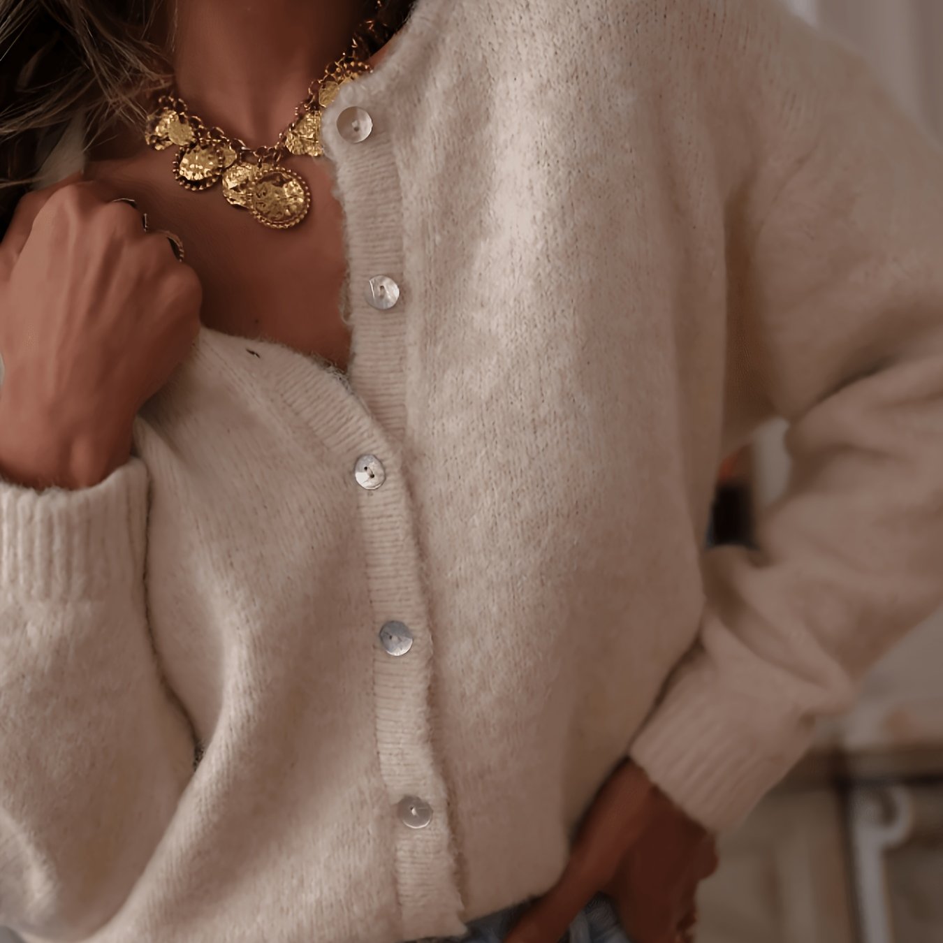 TEMU Women's Fall Winter Cream White Fuzzy Cardigan, V-neck Button Front Long Sleeve Soft Fluffy Sweater Jacket, Knitwear For Daily Date Office Home