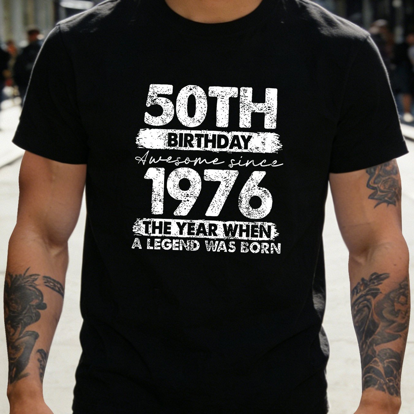 TEMU Men's Casual Round Neck Short Sleeve, Creative "50th Birthday Awesome The Year When A Legend Was Born" Pattern Print Men's T-shirt, Machine