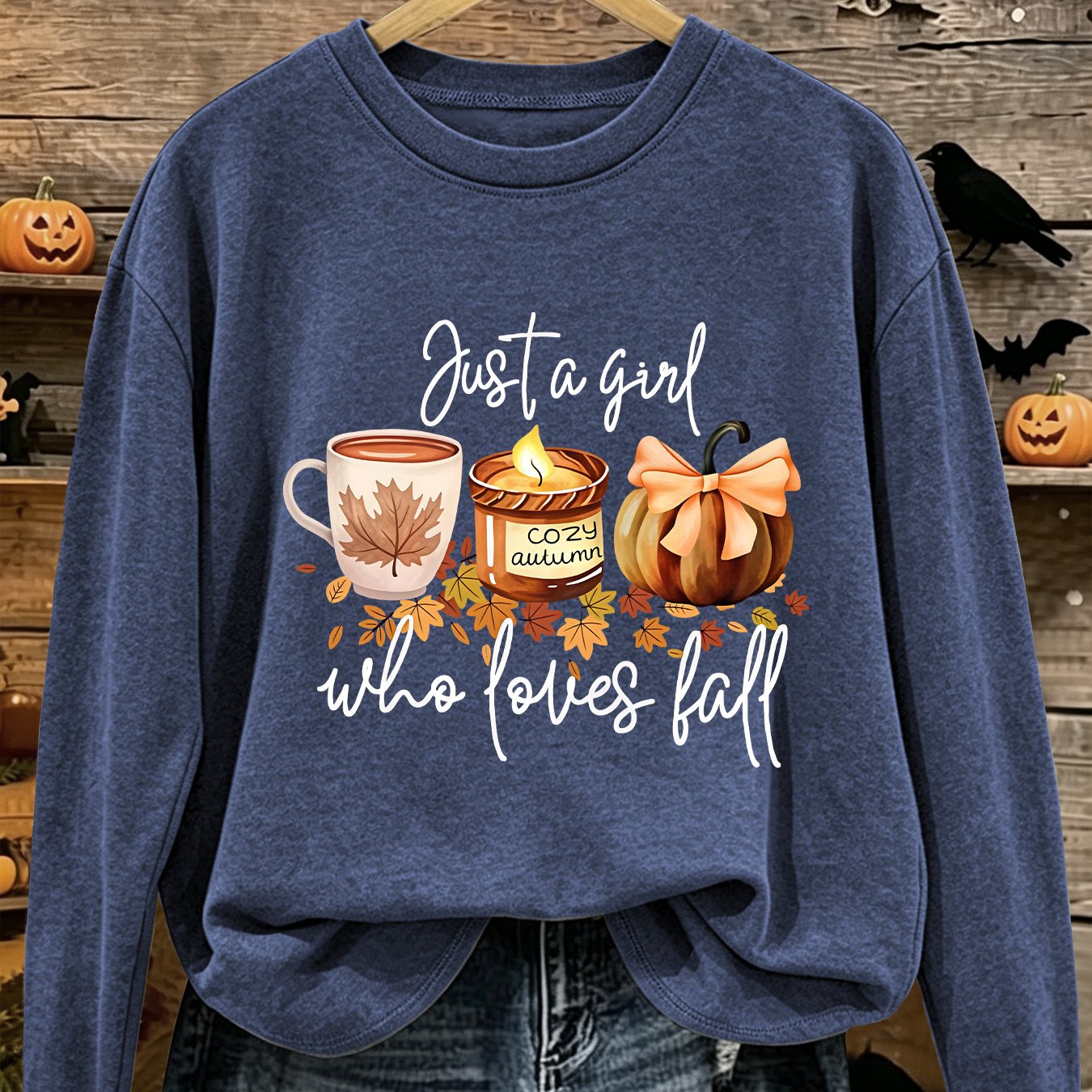 TEMU T-shirt à manches longues et col ras du cou pour femme, avec imprimé texte "Just-a--who--fall" et motif bougie citrouille feuille d'érable café,