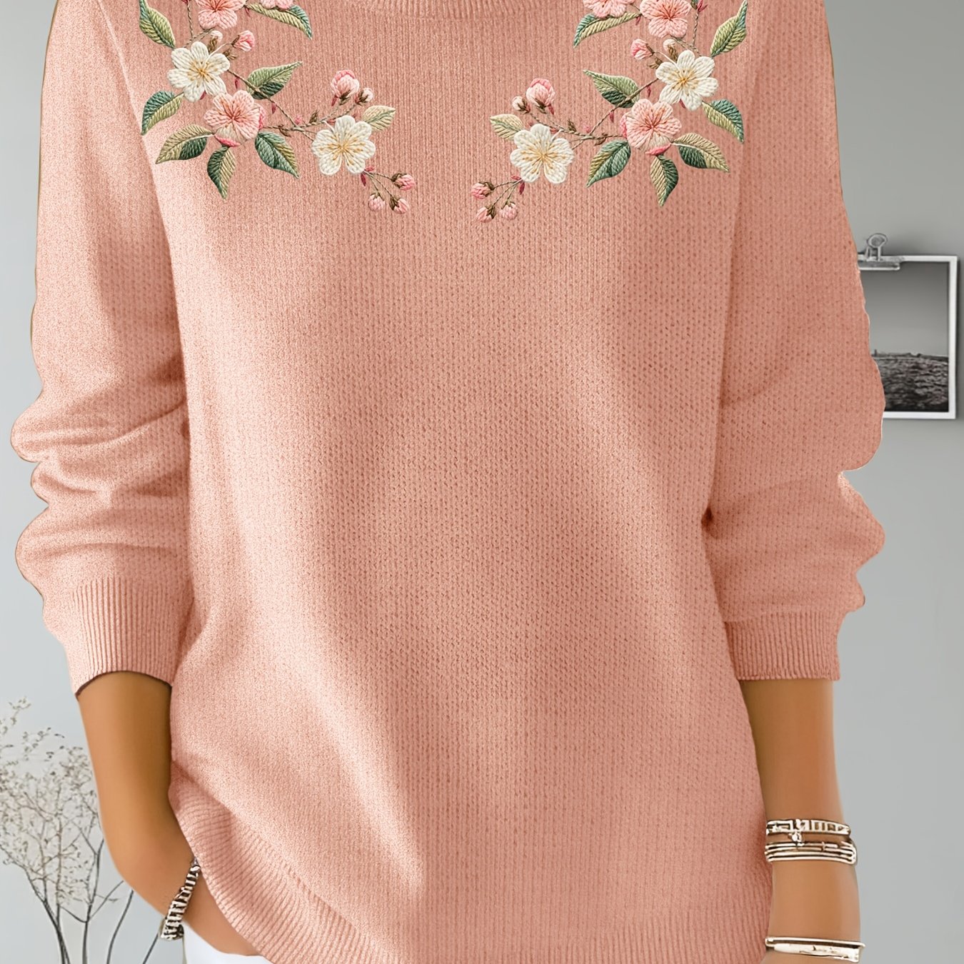 TEMU Printed Design â Not Textured. New Cute "flower" Pattern Loungewear, Women's Round Neck Long Sleeve Fine Sweater, Slightly Stretchy Comfortable