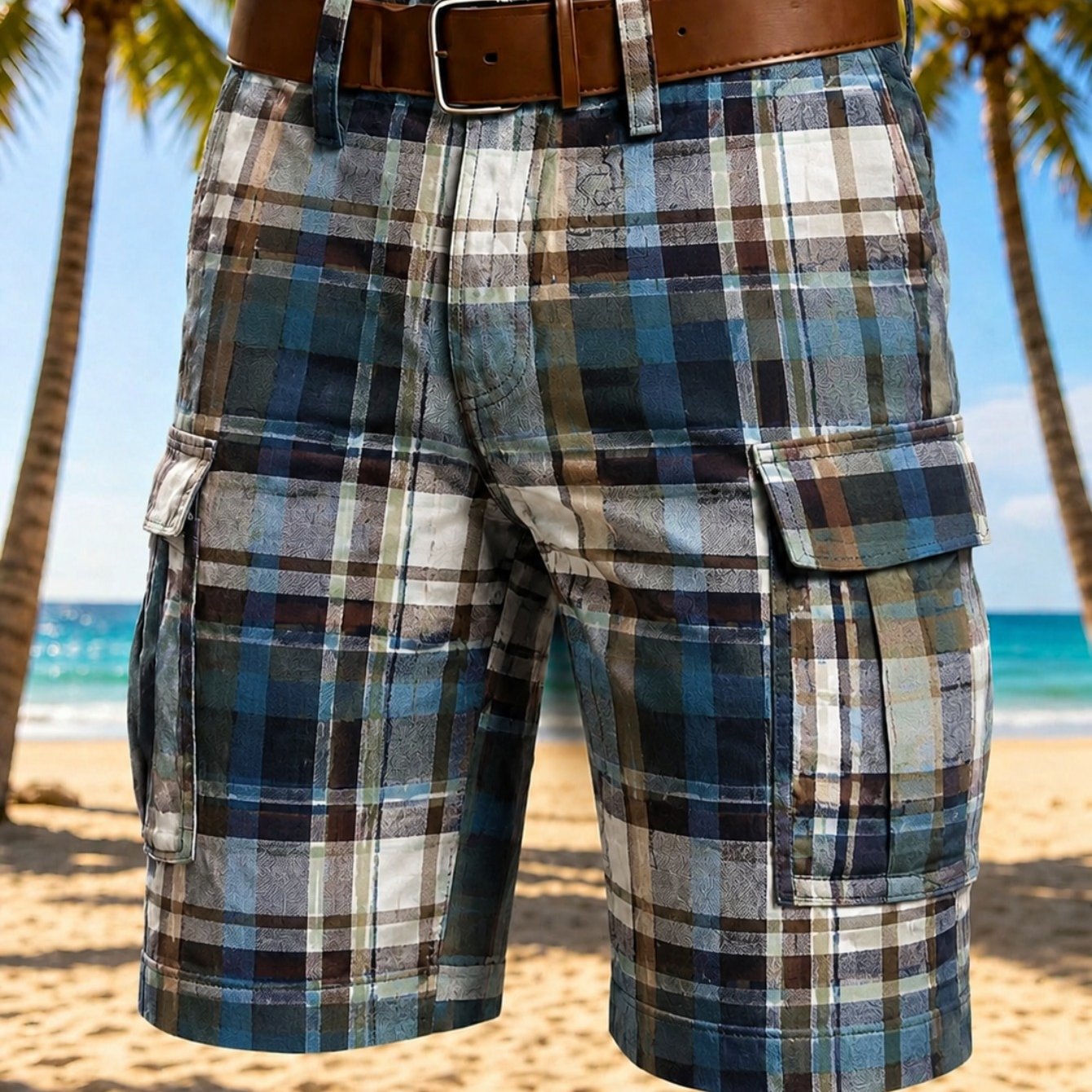 Image of Mens Plaid Cargo Shorts In Blue Gray Pattern Lightweight Durable For Beach, Casual , And Outdoor Activities, Featuring Belt Loop Waist And Side Pockets