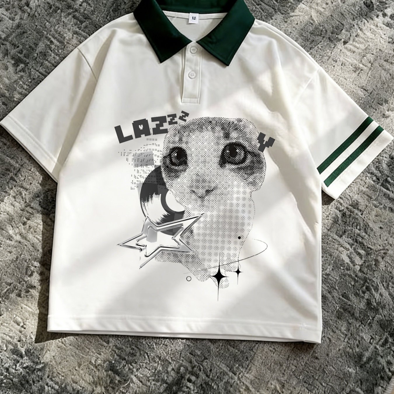 TEMU Vintage American Preppy Style Shirt, Y2k Cat Slogan Print Loose Color-block Top, 100% Polyester Knitted Fabric, Stretch, Regular Fit