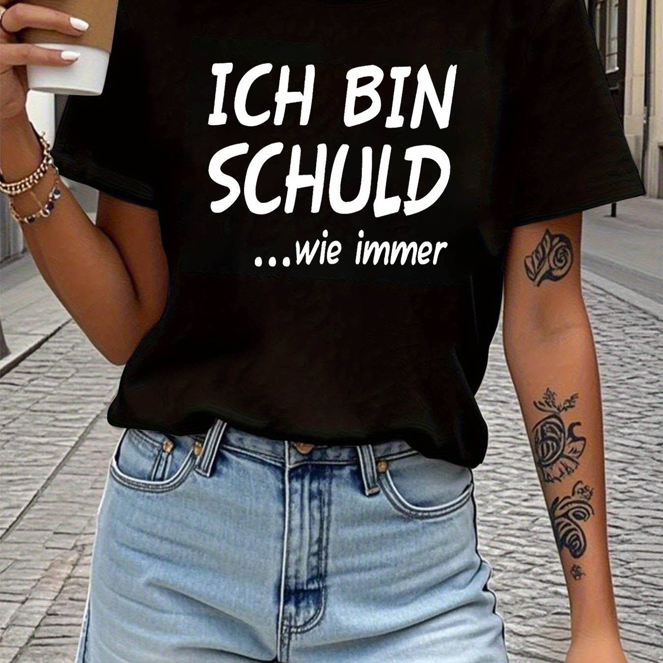 Image of Ich Bin Schuld Letter Print T-shirt, Short Sleeve Crew Neck Casual Top For Summer & Spring, Women's Clothing