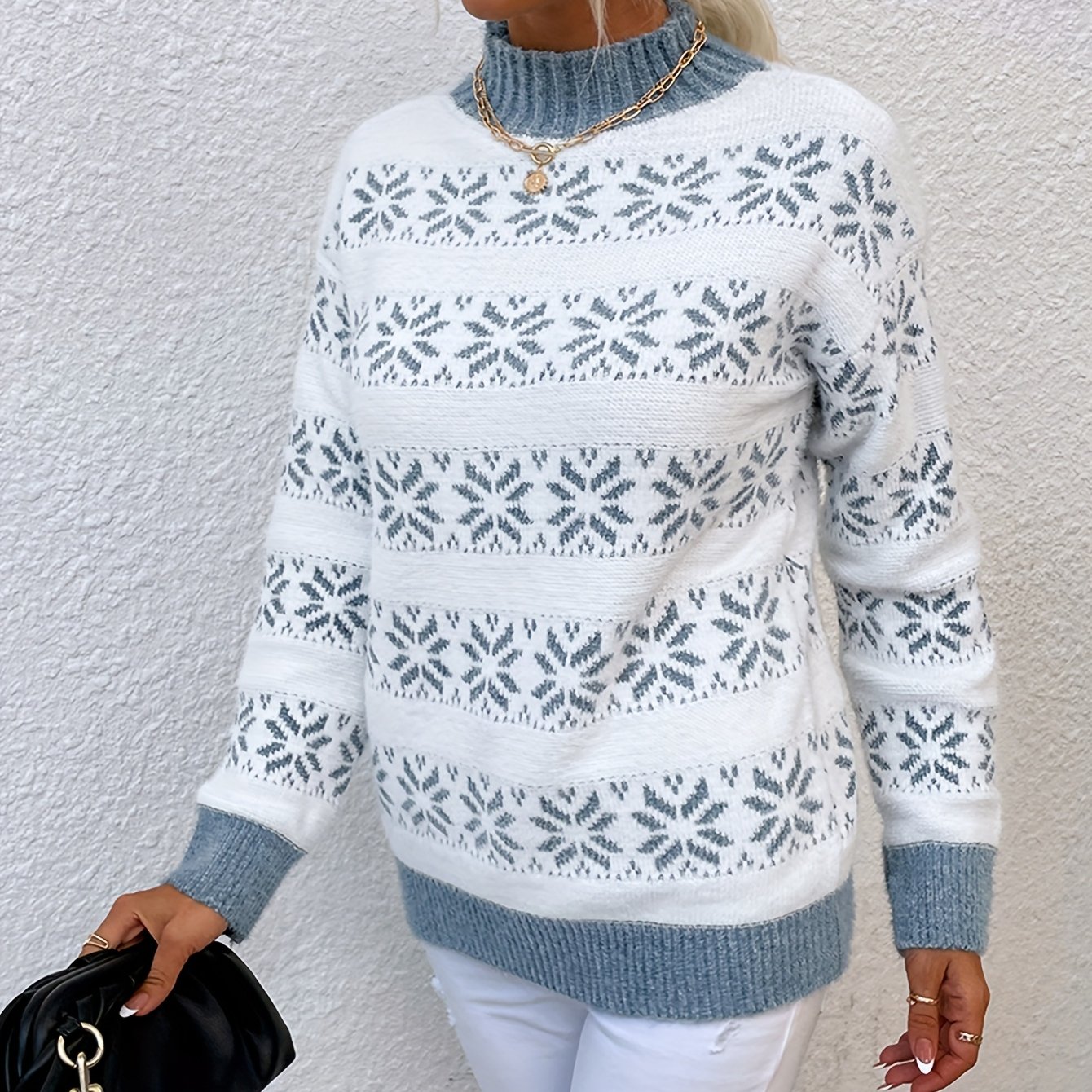 Women's Versatile Autumn-winter Half-turtleneck Christmas Snowflake Sweater
